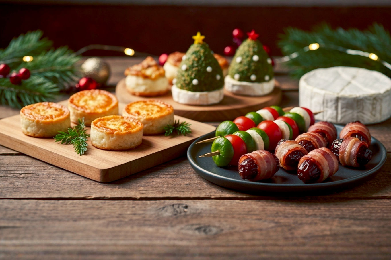 Professional photography style, lifelike, high-resolution image showcasing a beautifully arranged Christmas appetizer spread on a rustic wooden table. The composition should feature a variety of savory, colorful appetizers, including golden-brown baked brie, vibrant red and green Caprese skewers, a festive cheese ball shaped like a Christmas tree, and crispy bacon-wrapped dates. The lighting should be warm and inviting, evoking a cozy holiday atmosphere, with soft, directional light highlighting the textures of the food. A blurred background with subtle Christmas decorations (like pine needles or fairy lights) should enhance the festive mood without distracting from the appetizers. The overall mood is elegant, abundant, and celebratory. Focus on a close-up, slightly elevated angle to emphasize the deliciousness and detail of the food.