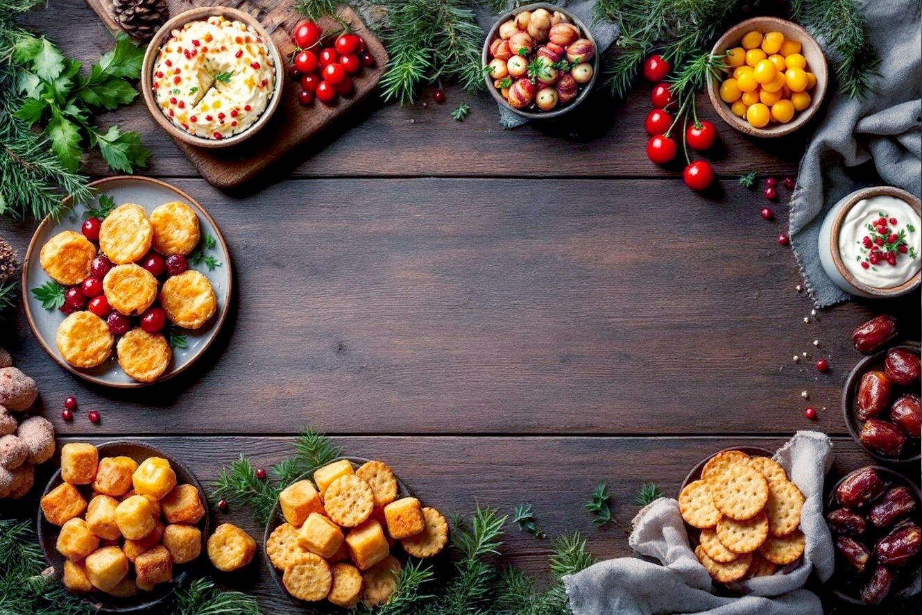 A top-down, slightly elevated professional food photography shot of a beautifully arranged Christmas appetizer spread on a rustic wooden table. The scene should be bathed in warm, inviting holiday lighting, creating a cozy and festive mood.