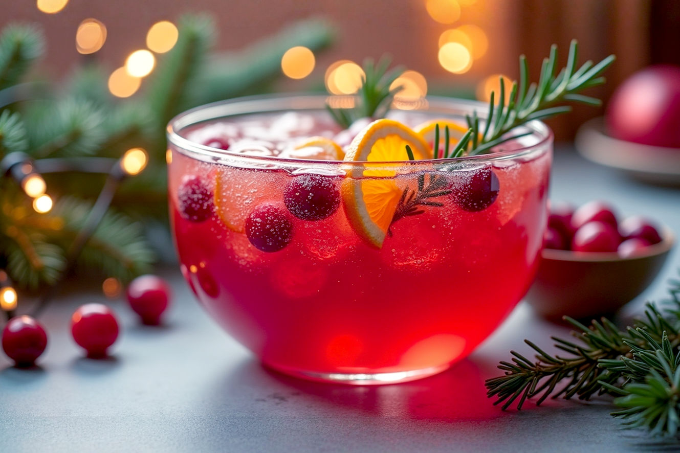 Professional, lifelike, high-resolution photograph. A beautifully styled Christmas party scene featuring a large, elegant glass punch bowl filled with a vibrant red, sparkling Christmas punch. The punch should be garnished with fresh cranberries, orange slices, and a sprig of rosemary. In the background, subtly blurred, are festive Christmas decorations like twinkling lights and evergreen branches, creating a warm, inviting, and joyful mood. The lighting is soft and warm, highlighting the drink's festive colors and inviting texture. The composition is a close-up, slightly elevated shot, focusing on the punch bowl as the centerpiece of a joyful holiday gathering. The style is professional food photography, emphasizing realism and an appealing, celebratory atmosphere.