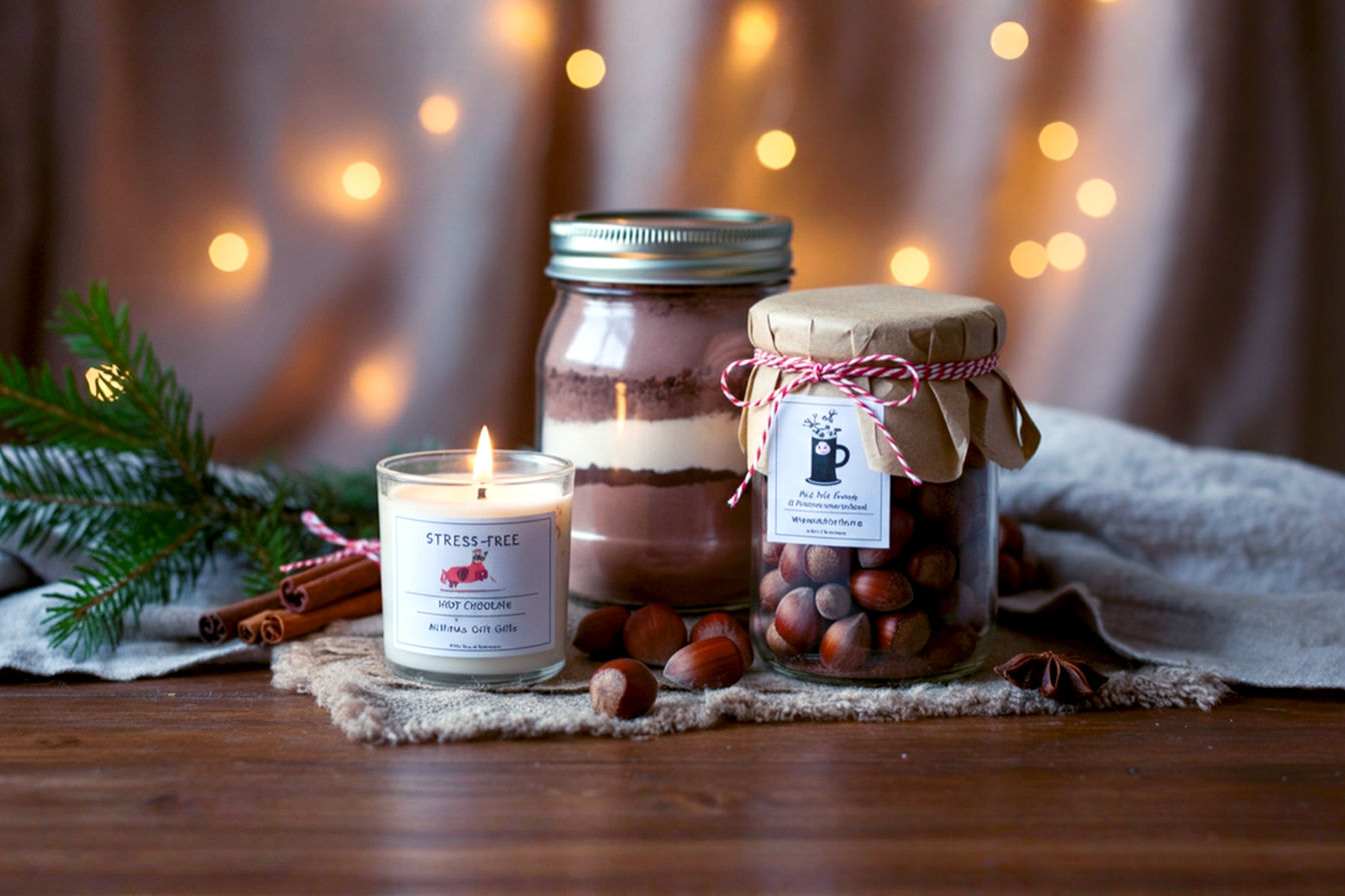 Professional, lifelike, high-resolution photograph capturing the essence of stress-free, handmade Christmas gifting. The main subject should be a beautifully arranged collection of diverse, easy-to-make DIY gifts, such as a layered hot chocolate mix jar, a small, wrapped scented candle, and a neatly tied bundle of spiced nuts.