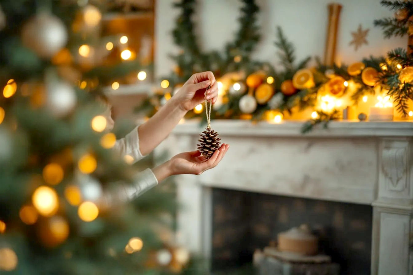 Professional, lifelike photograph of a cozy, warmly lit living room during Christmas. The scene features a mix of beautifully crafted, rustic DIY Christmas decorations and natural elements. In the foreground, a pair of hands (one adult, one child) are gently placing a handmade pinecone ornament onto a softly blurred Christmas tree. The background shows a mantelpiece adorned with a simple, elegant DIY garland made of dried orange slices and evergreen sprigs, illuminated by subtle fairy lights. A few handmade paper snowflakes are visible on a nearby window. The lighting is soft and inviting, with warm golden and amber tones, creating a sense of peace and joy. Focus on the textures of the natural materials and the warmth of the holiday atmosphere. The composition should be slightly elevated, looking down into the scene, with a shallow depth of field to emphasize the hands and ornament. The overall mood is festive, heartwarming, and achievable.