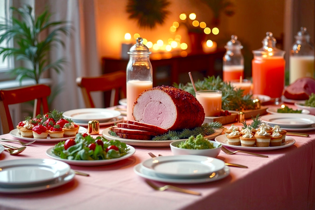 A professional, lifelike, high-angle photograph showcasing a beautifully arranged Christmas buffet table. The table is laden with a variety of elegant, easy-to-serve holiday dishes, including a glazed ham, a vibrant winter salad, mini cheesecakes, and festive drinks in dispensers. The setting is a cozy, warmly lit home dining room, with soft, inviting light from string lights and candles creating a festive ambiance. The composition is a wide shot, capturing the full spread of food and the inviting atmosphere. The mood is joyful, abundant, and stress-free, emphasizing the 'easy and elegant' theme. Focus on rich colors, sharp details, and a shallow depth of field to highlight the food. Professional photography style.