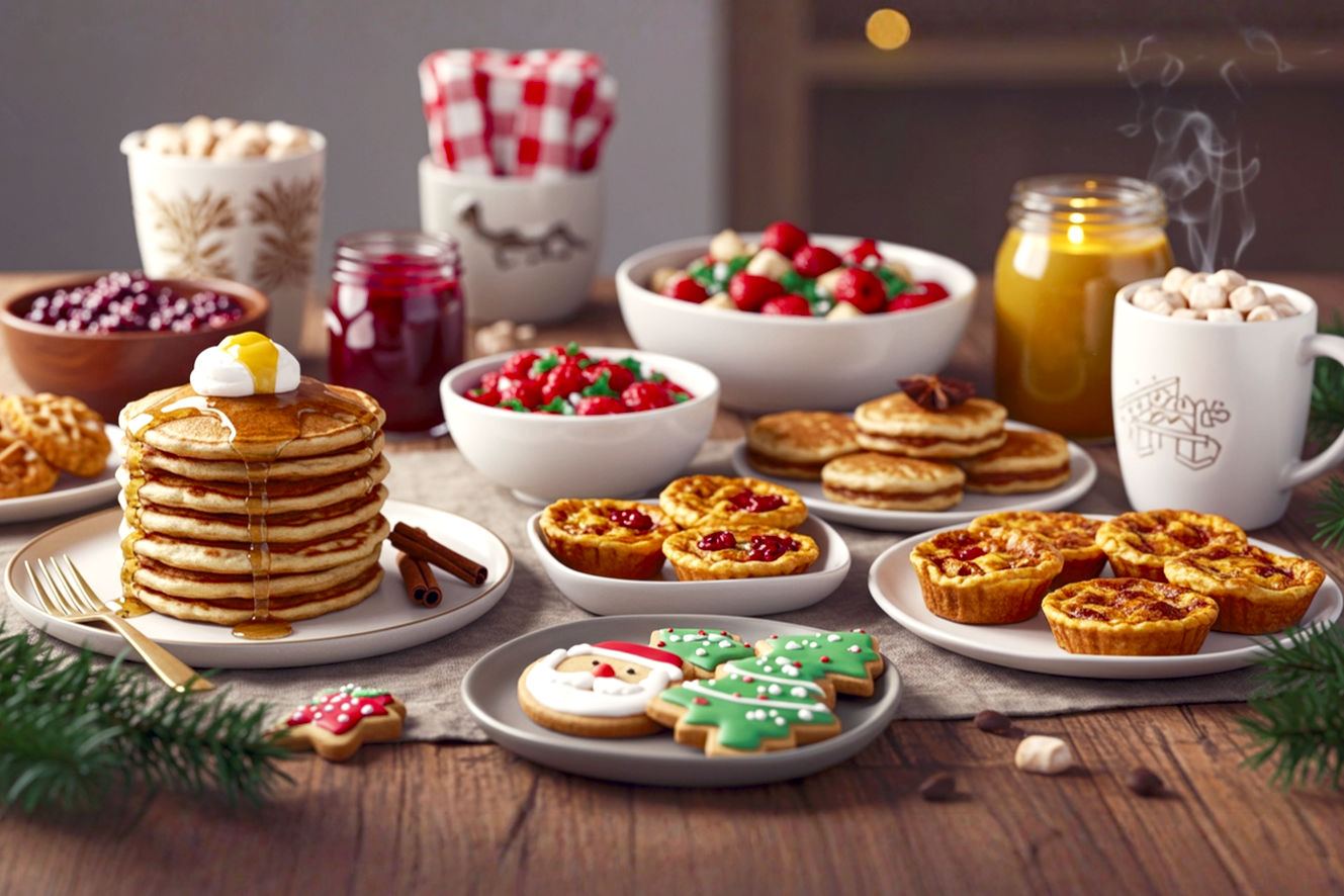 A beautifully styled, inviting spread of various easy and festive Christmas morning snacks. Focus on a mix of sweet and savory items.