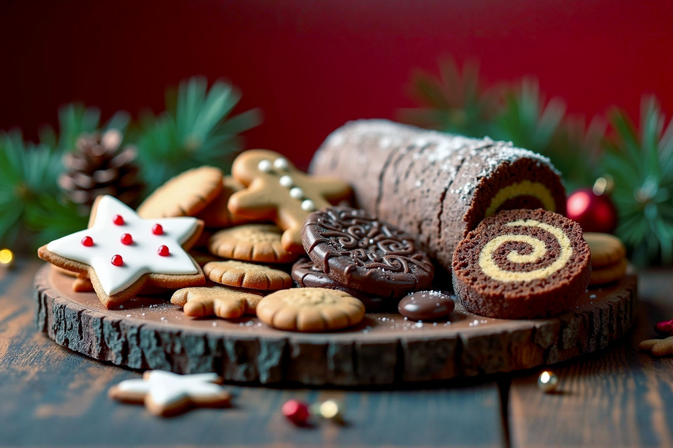 A lifelike, professional photography style image. The subject is a beautifully arranged platter of assorted gluten-free Christmas desserts, including decorated sugar cookies, gingerbread men, chocolate crinkle cookies, and a slice of Yule Log, all artfully displayed on a rustic wooden table. The composition should be a close-up, slightly elevated flat lay, with soft, warm, inviting holiday lighting coming from the side, creating gentle shadows and highlighting the textures and vibrant colors of the desserts. The mood is cozy, festive, and abundant, evoking the joy of a sweet Christmas celebration. There are subtle hints of holiday decor in the blurred background, like twinkling lights or pine needles, adding to the festive atmosphere.