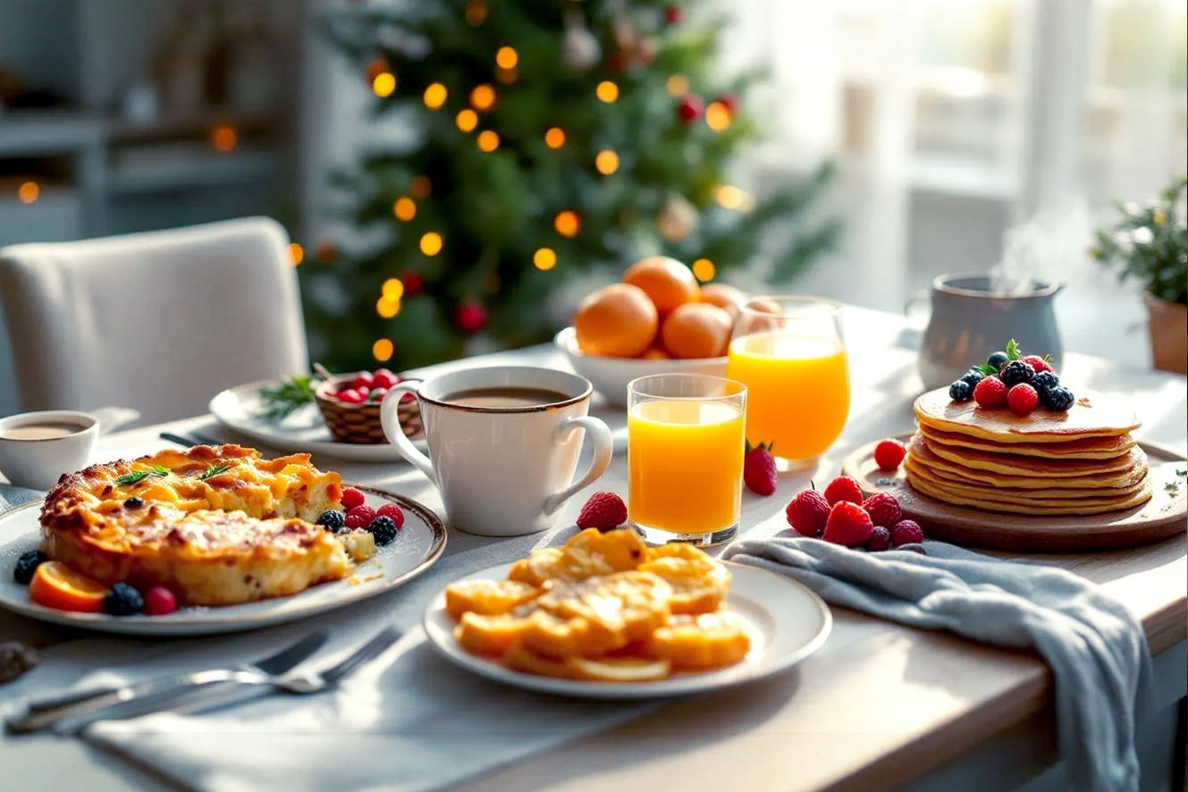 A high-angle, professional photography style shot of a beautifully set breakfast table in a warm, inviting home during the holiday season. The table is laden with an assortment of easy-to-prepare holiday breakfast dishes: a golden-brown breakfast casserole, a vibrant fruit platter with cranberries and oranges, a stack of fluffy pancakes with berries, and a pitcher of freshly squeezed orange juice. Soft, diffused morning light streams in from a nearby window, casting gentle shadows and highlighting the steam rising from a coffee mug. The background is softly blurred, showing hints of festive decorations like twinkling lights or a subtly decorated Christmas tree, adding to the cozy, relaxed, and joyful holiday atmosphere. Emphasize lifelike textures and appealing food styling, with a shallow depth of field to keep the focus on the delicious food and comfortable setting.