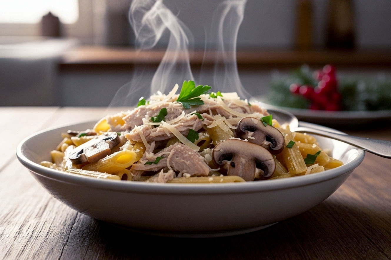 Lifelike professional photography of a steaming, inviting bowl of creamy turkey and mushroom penne pasta, garnished with fresh parsley and grated Parmesan cheese. The pasta should be perfectly cooked, with visible shreds of turkey and slices of sautéed mushrooms. The bowl is placed on a rustic wooden table, with a soft, warm light coming from the side, creating subtle shadows and highlighting the texture of the food. In the background, a subtly blurred, cozy kitchen setting with a hint of holiday decor. The overall mood is comforting, delicious, and evokes the feeling of a satisfying meal made from resourceful cooking. Focus on a shallow depth of field, making the pasta the clear focal point. High resolution, natural colors, professional food styling.