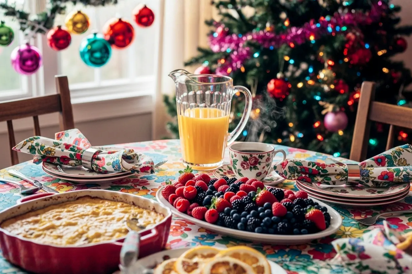 A lifelike, professional photography style image capturing a cozy, festive Christmas morning breakfast scene. The composition should feature a beautifully set dining table or kitchen island, laden with an array of delicious, comforting make-ahead breakfast dishes. Include a golden-brown, bubbly breakfast casserole, a platter of fresh, vibrant berries, and a pitcher of orange juice. Soft, warm morning light streams in from a window, creating a gentle glow on the food and highlighting steam rising from a coffee cup. The background should be softly blurred, showing hints of Christmas decorations like twinkling lights or a decorated tree, creating a warm and inviting mood. The overall aesthetic should be one of peace, abundance, and holiday cheer, emphasizing the ease and joy of a pre-prepared meal. Focus on the rich textures and appealing colors of the food to make it look incredibly appetizing.