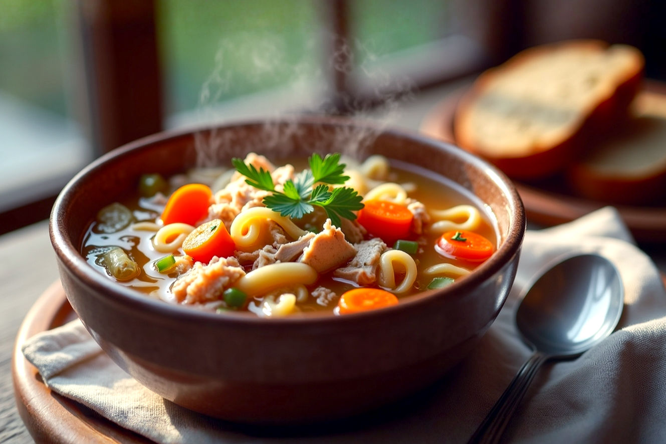 A professional, lifelike, high-resolution photograph of a steaming bowl of homemade turkey noodle soup. The soup is in a rustic, ceramic bowl, filled with visible chunks of shredded turkey, tender egg noodles, bright orange carrots, and green celery, all submerged in a rich, golden broth. A few fresh green parsley leaves are sprinkled on top as a garnish. The bowl is placed on a warm, wooden table next to a cozy, folded linen napkin and a single, crusty slice of artisan bread. Soft, warm, inviting light from a window illuminates the scene, creating gentle highlights on the soup's surface and steam rising subtly. The background is softly blurred, suggesting a cozy kitchen or dining setting. The mood is comforting, wholesome, and inviting, emphasizing the warmth and deliciousness of the soup.