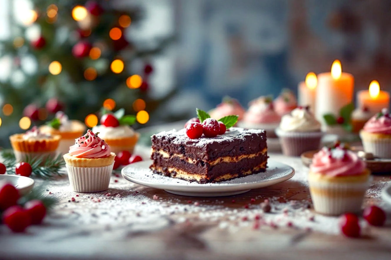 Professional, lifelike photography. A beautifully arranged Christmas dessert table spread. Focus on a central, elegant yet simple dessert like a no-bake chocolate lasagna or a festive peppermint bark, surrounded by smaller, colorful, easy-to-make treats such as mini cheesecakes, Oreo truffles, and individual dessert cups. The desserts should look homemade but refined, with festive garnishes like fresh cranberries, mint sprigs, powdered sugar dusting, and edible glitter. Soft, warm, inviting holiday lighting, perhaps from a nearby Christmas tree or candlelight, creating a cozy and celebratory mood. Shallow depth of field to highlight the desserts, with a blurred background suggesting a festive dinner setting. The overall aesthetic should be warm, inviting, and abundant, emphasizing the 'easy but impressive' theme of Christmas desserts.
