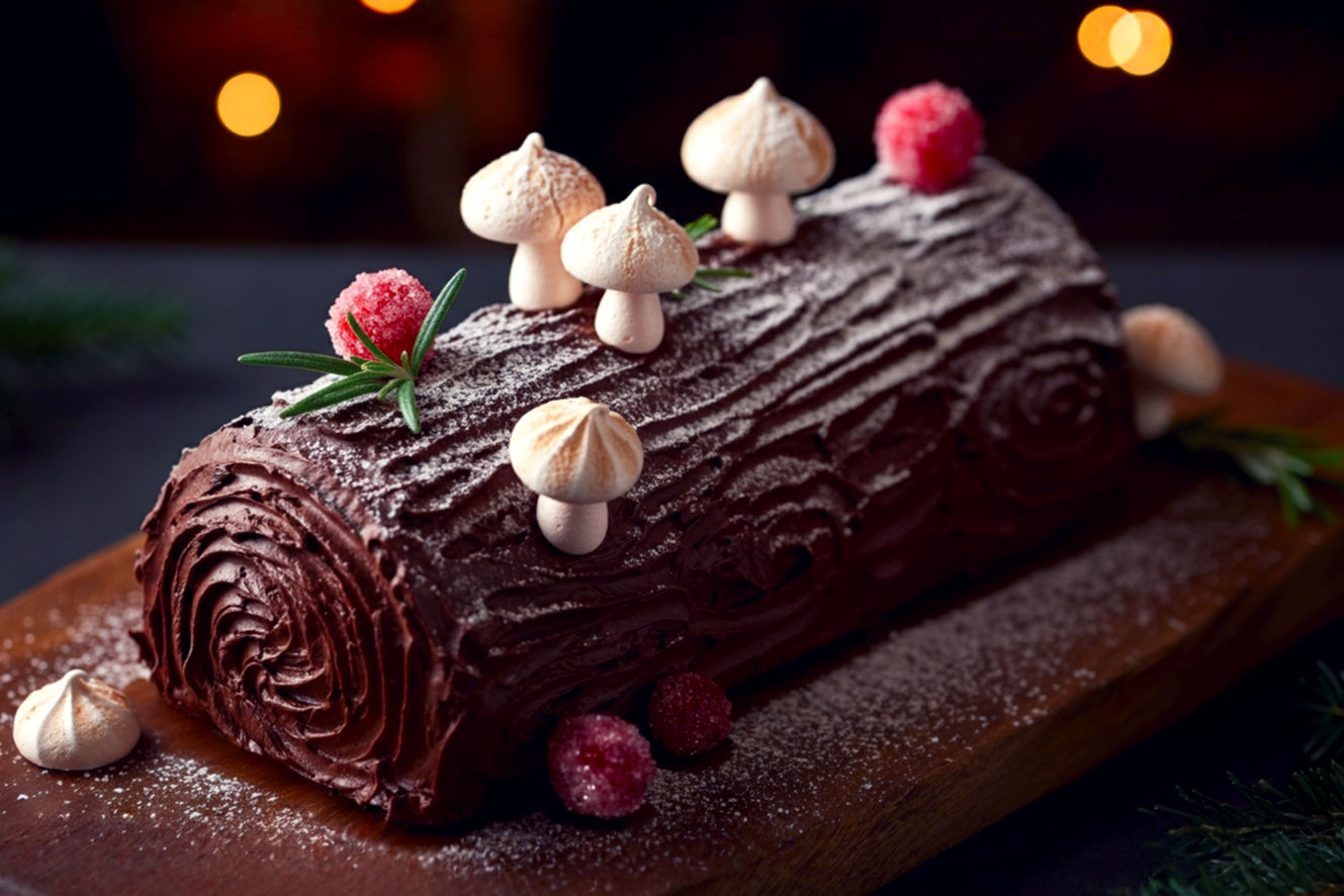 A close-up, top-down professional food photography shot of a perfectly crafted Yuletide Log (Bûche de Noël) on a rustic wooden serving board. The log is generously dusted with powdered sugar, resembling fresh snow. Several realistic, small meringue mushrooms are strategically placed on and around the log, along with a few vibrant sugared cranberries and delicate sprigs of fresh rosemary. The chocolate ganache bark texture on the log is clearly visible, showing intricate fork marks. The background is softly blurred but hints at a warm, festive holiday setting, possibly with subtle fairy lights or a cozy fireplace glow. Lighting is soft, warm, and inviting, highlighting the textures and festive colors. The mood is cozy, elegant, and celebratory. Lifelike, high-resolution, professional photography style.