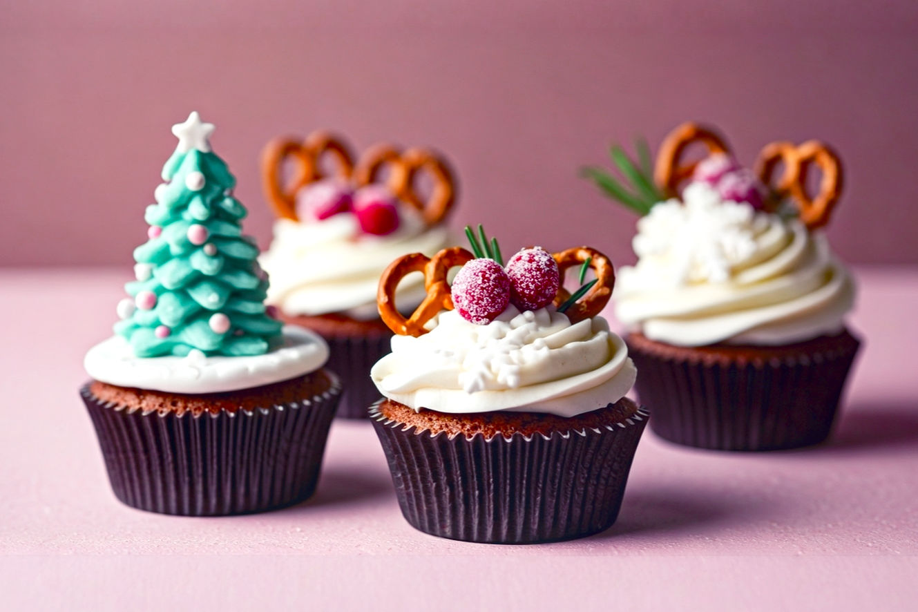 Professional studio photography of a beautifully arranged display of festive Christmas cupcakes, each adorned with intricate, lifelike edible decorations. The cupcakes are perfectly baked and frosted, showcasing a variety of edible elements like miniature fondant Christmas trees, delicate royal icing snowflakes dusted with edible glitter, tiny chocolate-dipped pretzel reindeer antlers, and vibrant red candied cranberries with green rosemary sprigs.