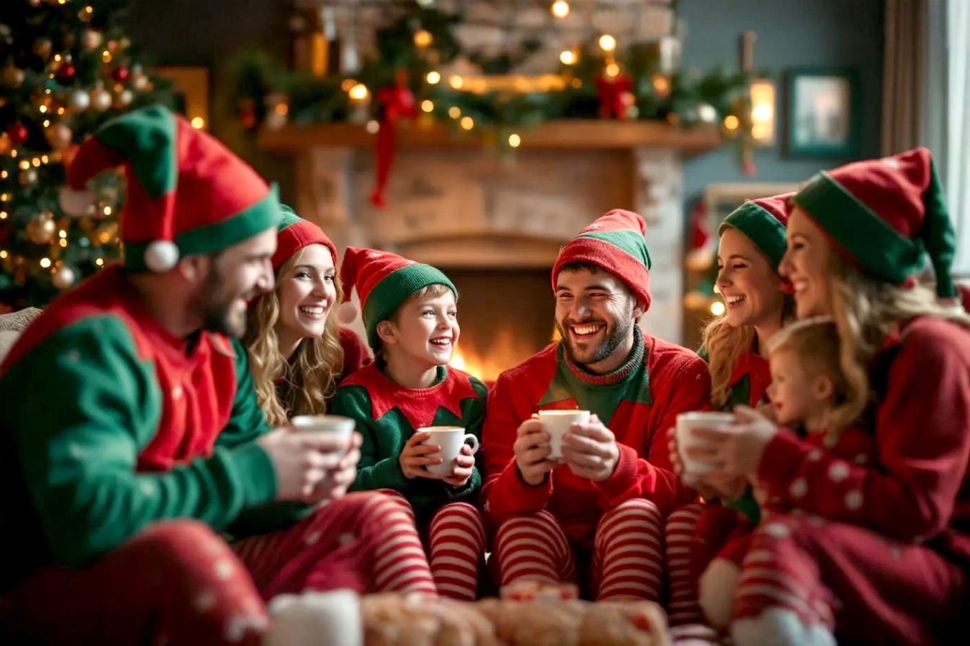 Pro photography style, lifelike image of a group of adults and children happily wearing festive, high-quality elf onesies. They are gathered in a cozy, warmly lit living room decorated for Christmas, with a fireplace and twinkling tree in the background. Some are holding mugs of hot cocoa, others are laughing while opening a small gift. The atmosphere is joyful, comfortable, and full of holiday spirit. Focus on soft lighting, rich colors (greens, reds, gold), and genuine expressions of cheer. Shot with a wide-angle lens, shallow depth of field.