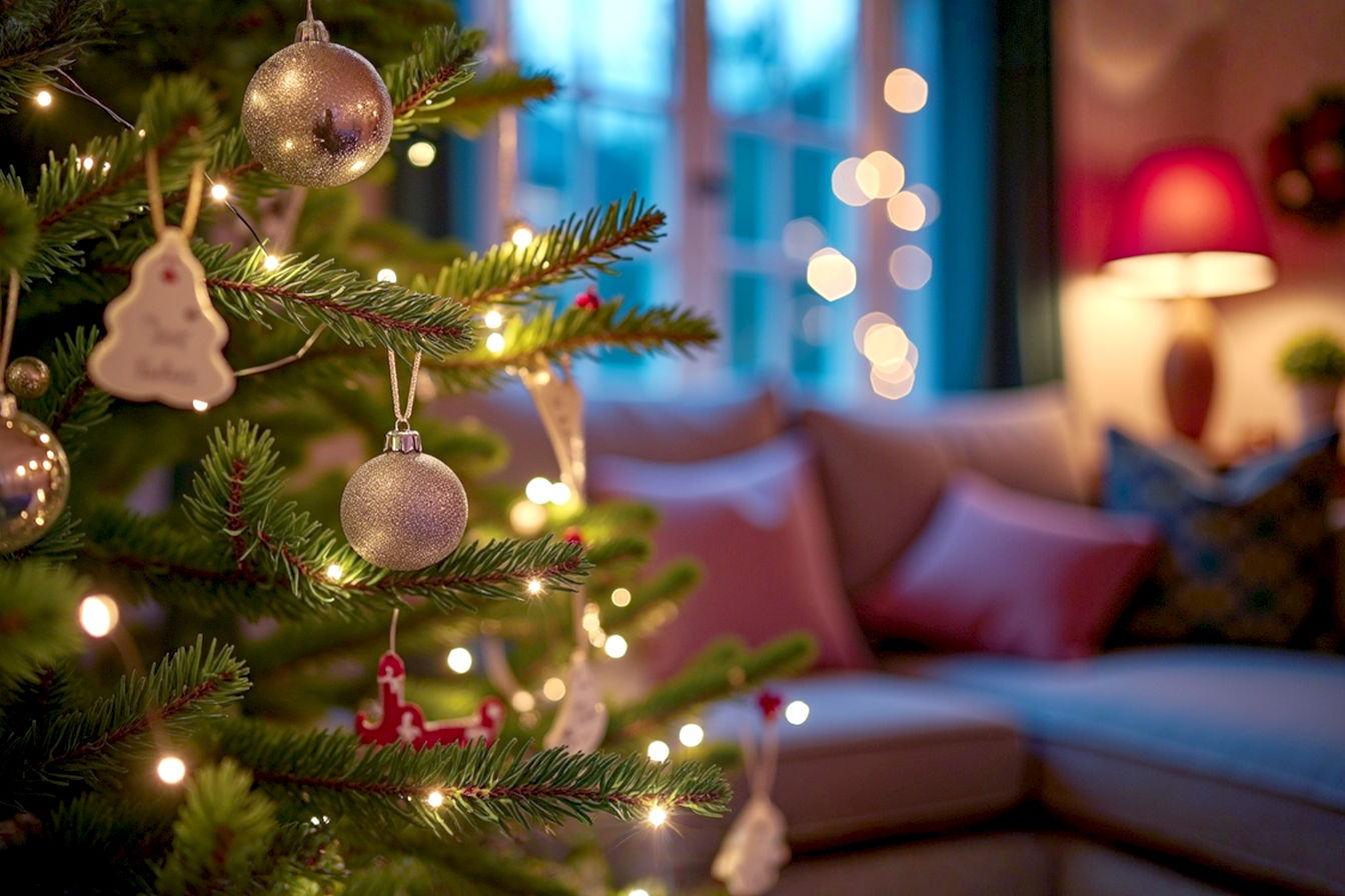 Professional photography style, extremely lifelike, close-up shot focusing on a section of a Christmas tree adorned with delicate, warm white LED fairy lights. The lights are glowing softly, creating a magical, ethereal sparkle. The tree branches are lush green, with some subtle, reflective silver or clear glass ornaments catching the light. Shallow depth of field, with a blurred background of a cozy, festive living room at dusk. The lighting is warm and inviting, emphasizing the glow of the lights and the texture of the tree. The mood is serene, magical, and festive. Core theme: Budget-friendly brilliance and sparkling holiday decor.