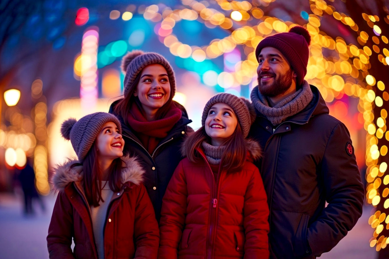 A lifelike, professional photograph capturing a diverse family of four (two parents, one young child, one pre-teen) joyfully walking through a vibrant, outdoor Christmas light display in Charleston, WV. The family is bundled in warm, stylish winter coats, hats, and scarves, smiling and looking up at the twinkling lights. The composition should be a medium shot, slightly from behind the family, showing their faces partially or in profile, emphasizing their shared wonder.