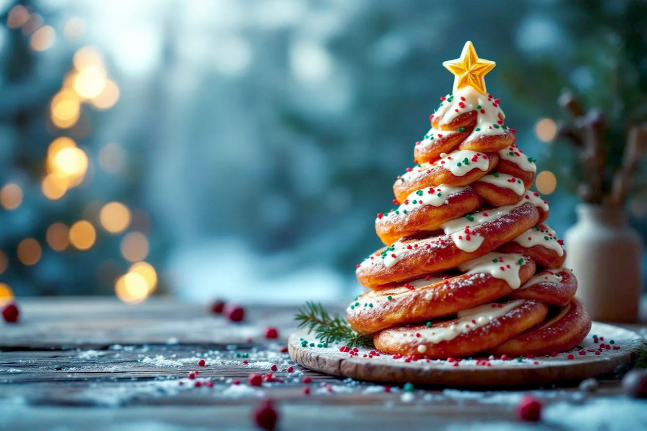A professional, lifelike, high-resolution photograph of a beautifully baked and frosted cinnamon roll Christmas tree, positioned as the centerpiece on a rustic wooden holiday breakfast table. The tree is adorned with classic white cream cheese frosting, a scattering of red and green festive sprinkles, and a small, edible golden star on top. The background is softly blurred with warm, inviting Christmas lights and subtle holiday decor, suggesting a cozy, joyful morning scene. The lighting is soft, warm, and natural, highlighting the golden-brown edges of the rolls and the creamy texture of the frosting. The composition is a close-up, slightly elevated shot, emphasizing the intricate pull-apart layers of the tree and its festive appeal. The mood is warm, inviting, and celebratory.