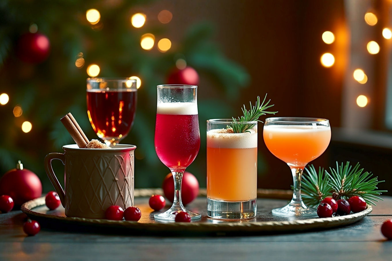 Pro photography style, lifelike, highly detailed, eye-level shot of a beautifully arranged holiday bar cart or tabletop. The core theme is 'Festive Christmas Drinks'. Focus on a variety of mixed drinks: a steaming mug of mulled wine with cinnamon sticks, a sparkling cranberry mimosa in a flute, a rich eggnog in a punch cup with grated nutmeg, and a vibrant non-alcoholic mocktail with rosemary and cranberries. The drinks should be perfectly garnished and appear inviting. Background should be softly blurred, showing warm, cozy Christmas decorations like fairy lights, pine branches, and subtle red and gold accents. Lighting is soft, warm, and inviting, suggesting an evening celebration. Composition is balanced and aesthetically pleasing, with a shallow depth of field to highlight the drinks. Professional food photography, high resolution.
