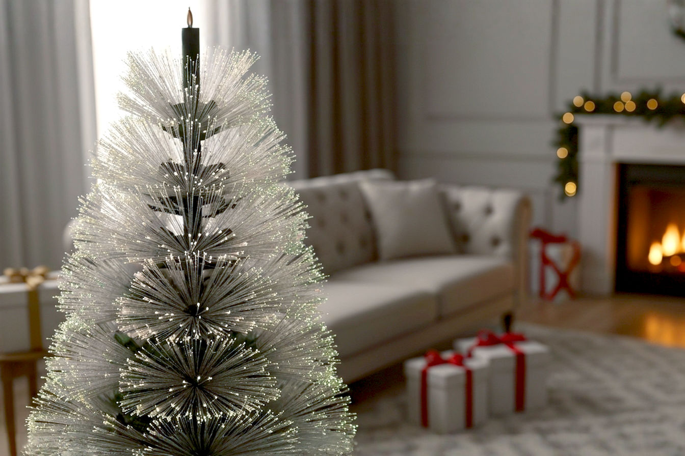 A professional, lifelike photograph of a modern fiber optic Christmas tree as the glowing centerpiece in a cozy, elegantly decorated living room. The tree's fiber optic tips should be brightly illuminated, showcasing their unique, shimmering, and color-changing effect. The composition is eye-level, focusing on the tree with a shallow depth of field, creating a soft bokeh background. Subtle holiday decor elements like a plush sofa, a few tastefully wrapped gifts, and a warm, out-of-focus fireplace are visible in the background. Lighting is soft, warm, and inviting, emphasizing the tree's internal glow and creating a magical, serene, and sophisticated festive mood. No people or pets.