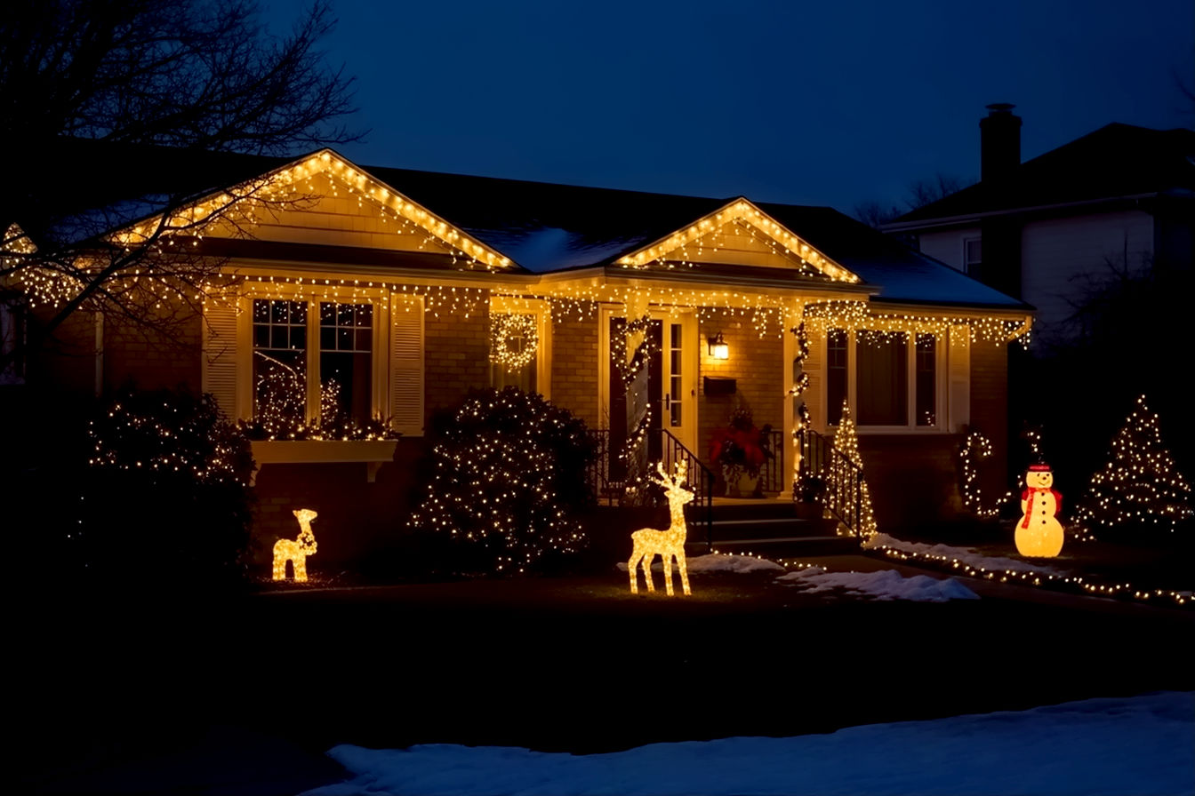 Professional, lifelike photograph of a beautifully decorated suburban house exterior at dusk during Christmas. The house is adorned with warm white LED string lights outlining the roofline and windows, and a few tasteful, glowing yard figurines (e.g., a lit reindeer or snowman). The scene should convey a sense of festive warmth, smart elegance, and a well-lit, inviting atmosphere. Focus on the interplay of light and shadow, with soft, ambient glow from the decorations.