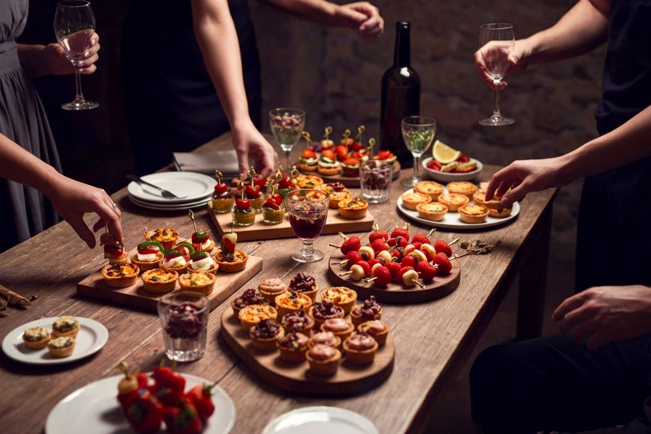 Professional, lifelike, high-resolution photograph of a vibrant and inviting cocktail party scene. The focus is on a beautifully arranged spread of diverse finger food appetizers on a elegant, rustic wooden table. Include a mix of colorful small bites like Caprese skewers, mini quiches, charcuterie bites, and fresh fruit skewers. The composition should be slightly overhead, showcasing the variety and presentation. In the background, subtly blurred, are hands reaching for food, glasses clinking, and guests mingling, conveying a lively, social atmosphere. Soft, warm ambient lighting. The mood is sophisticated, joyful, and effortless. Emphasize the 'mix and mingle' aspect of a cocktail party with easy-to-eat finger foods.