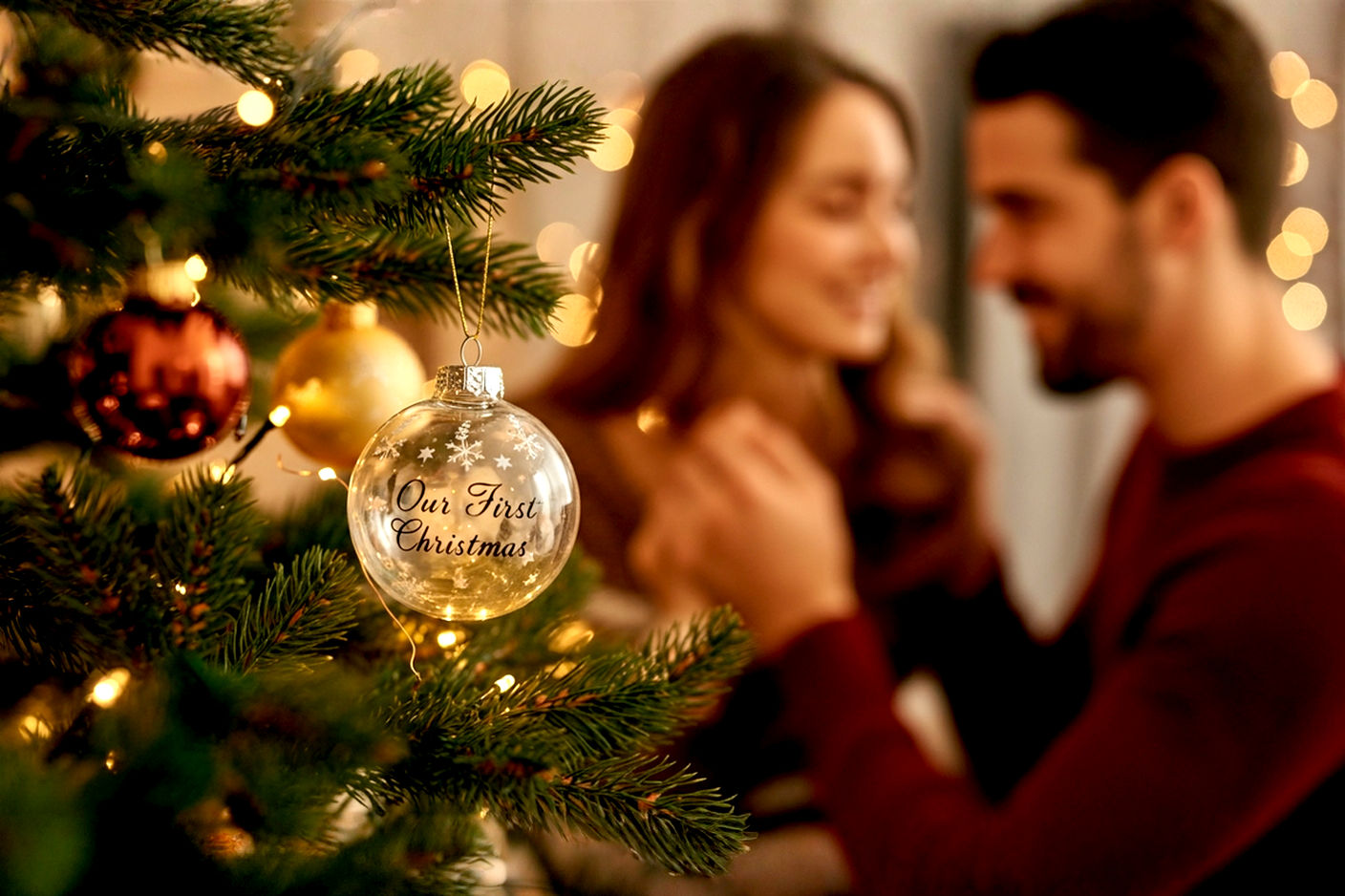 Lifelike professional photography of a beautifully decorated Christmas tree, softly lit, with a focus on a delicate, personalized 'Our First Christmas' ornament hanging prominently. The ornament should be a classic glass or ceramic style, subtly reflecting the tree lights. In the background, a cozy, blurred living room scene with warm fairy lights and a hint of a couple's hands gently touching near the tree, suggesting warmth, love, and new beginnings. Soft, inviting atmosphere, shallow depth of field, golden hour lighting.