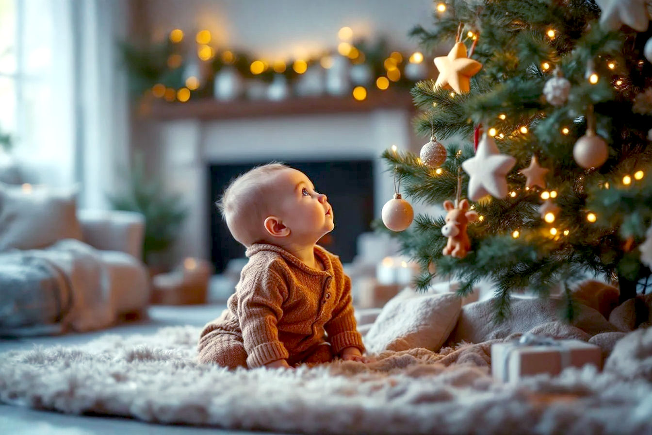 Lifelike professional photography of a warm, inviting living room scene. Focus on a beautifully decorated Christmas tree, glowing softly with warm LED lights. In the foreground, a baby, approximately 6-9 months old, is safely positioned on a soft, plush rug, looking up at the lower branches of the tree with wide-eyed wonder and curiosity. The baby should be wearing a cozy, festive outfit (e.g., a simple, soft red or green romper). Include a few soft, non-breakable, baby-safe ornaments (e.g., felt stars, wooden animals) on the lower branches within the baby's view. The background should be slightly blurred to emphasize the baby and tree, showing hints of a cozy home environment (e.g., a fireplace, soft textiles). Lighting is warm and ambient, suggesting evening. The mood is tender, joyful, and nostalgic, capturing the magic of a first Christmas. Shot with a prime lens for shallow depth of field, natural colors, and high detail.