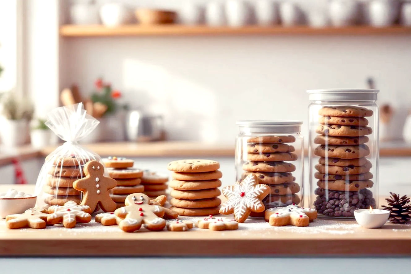 Lifelike professional photography. A beautifully composed flat lay shot featuring a variety of perfectly baked and decorated Christmas cookies, some individually wrapped in clear plastic or parchment paper, and others neatly stacked in clear, airtight glass containers. The cookies should include classic types like sugar cookies, gingerbread men, and chocolate chip cookies. The background is a subtly festive, warm-toned kitchen counter or wooden table, slightly out of focus. Soft, warm, natural lighting from the side highlights the textures and colors of the cookies and packaging. The mood is cozy, inviting, and evokes the organized joy of holiday baking. No human hands or faces visible. Focus on the deliciousness and the concept of organized preparation.