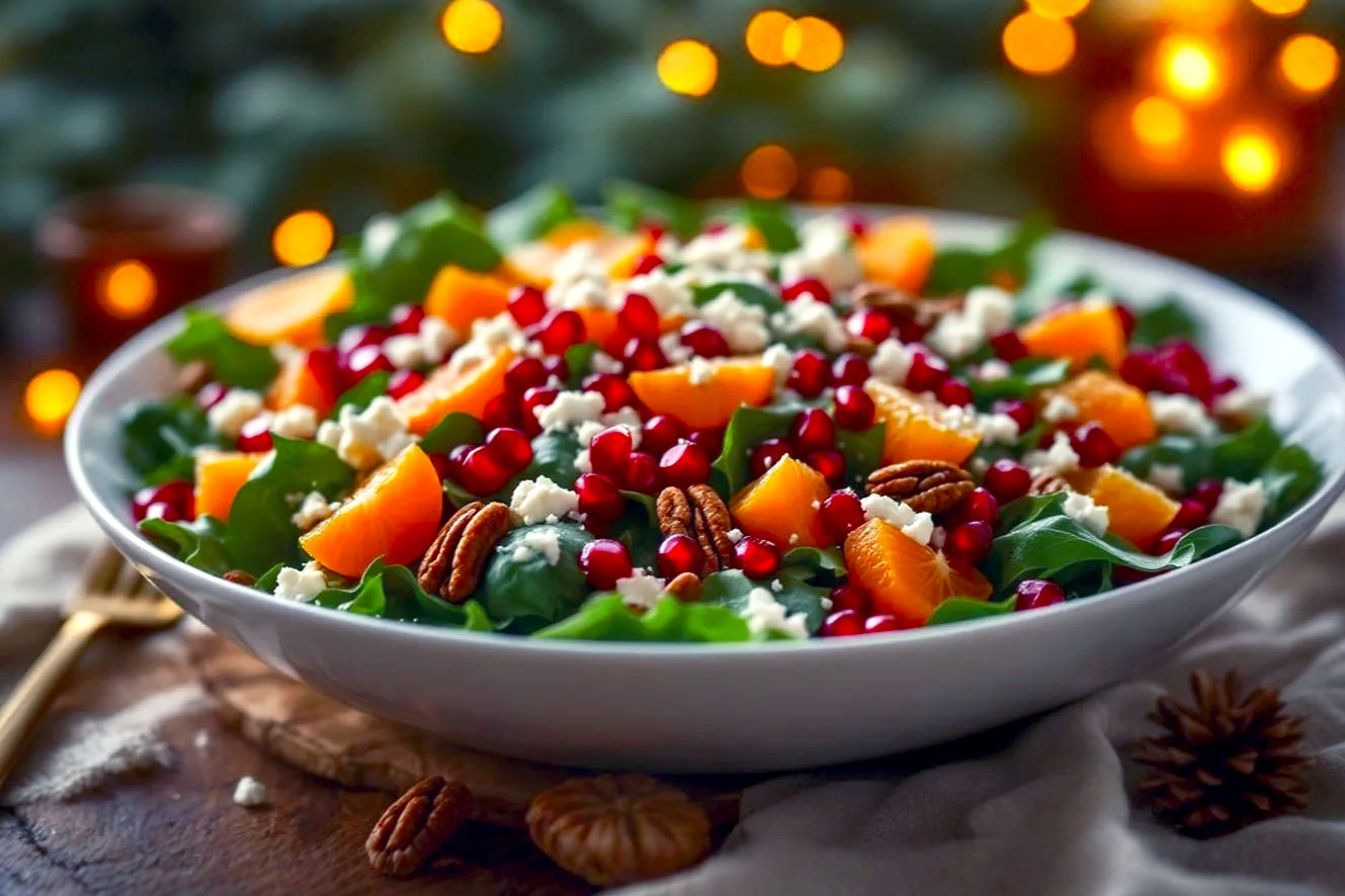 A professional, lifelike photograph of a vibrant, festive Christmas salad. The salad is artfully arranged in a wide, shallow white serving bowl, showcasing layers of deep green mixed greens, ruby-red pomegranate arils, bright orange citrus segments, and snowy white crumbled feta cheese. Scattered among these are golden-brown candied pecans. The lighting is soft, warm, and inviting, with a shallow depth of field that highlights the salad. The background is subtly blurred, hinting at a cozy, elegant Christmas dinner table with warm tones and festive decor. The image should evoke freshness, elegance, and holiday cheer.