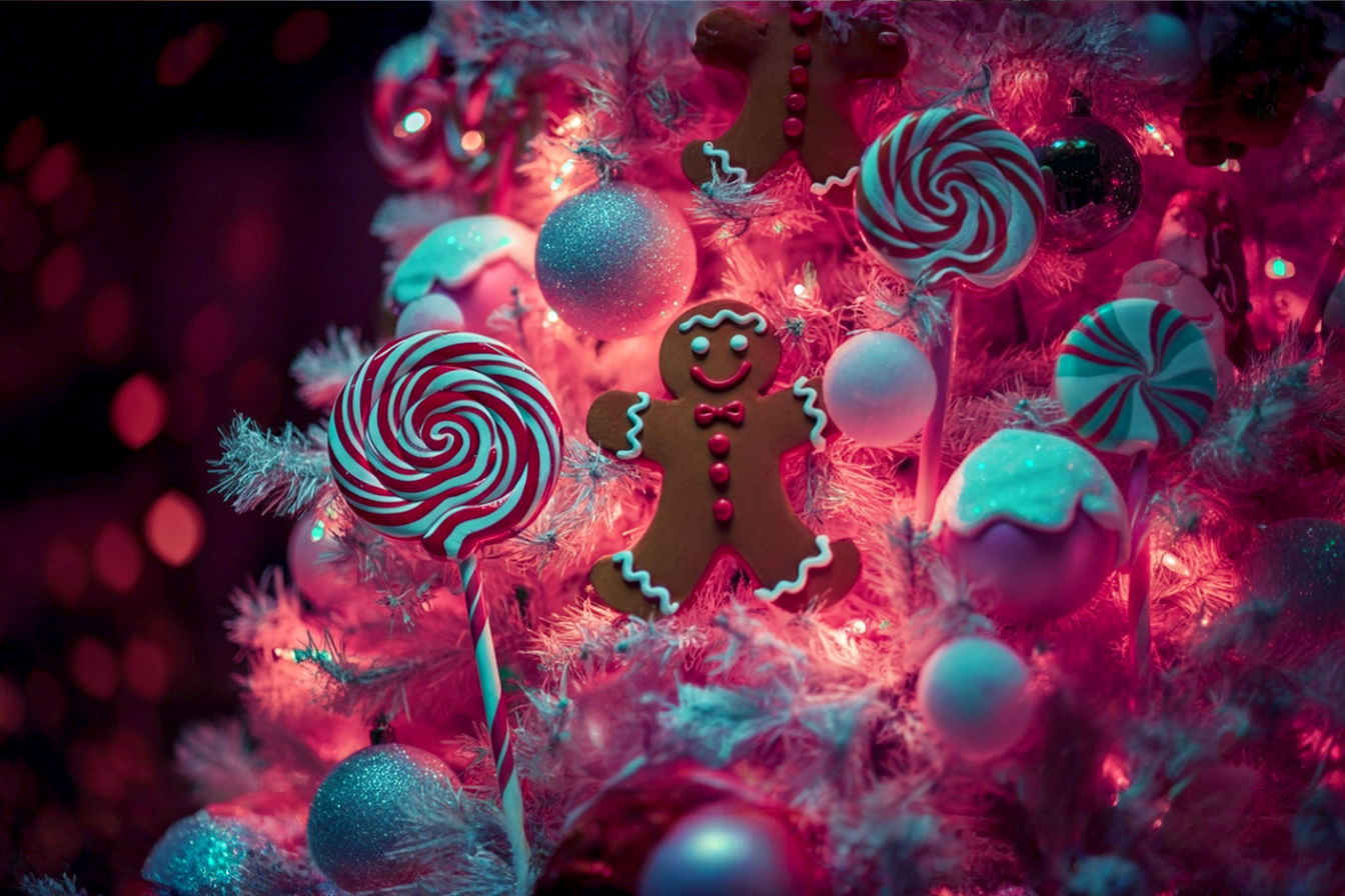 Lifelike professional photography of a beautifully decorated, non-traditional Christmas tree. The tree is vibrant and whimsical, adorned with oversized candy canes, lollipops, and gingerbread figures, sparkling with iridescent glitter. The background is softly blurred, showing warm, inviting holiday lights. The composition is a close-up, slightly low-angle shot, emphasizing the magical and fun elements. The lighting is soft and warm, highlighting the textures and colors of the decorations. The mood is joyful, festive, and enchanting. Focus on the 'Whimsical Candy Land' theme, showcasing its playful and sugary aesthetic with high detail and rich colors.