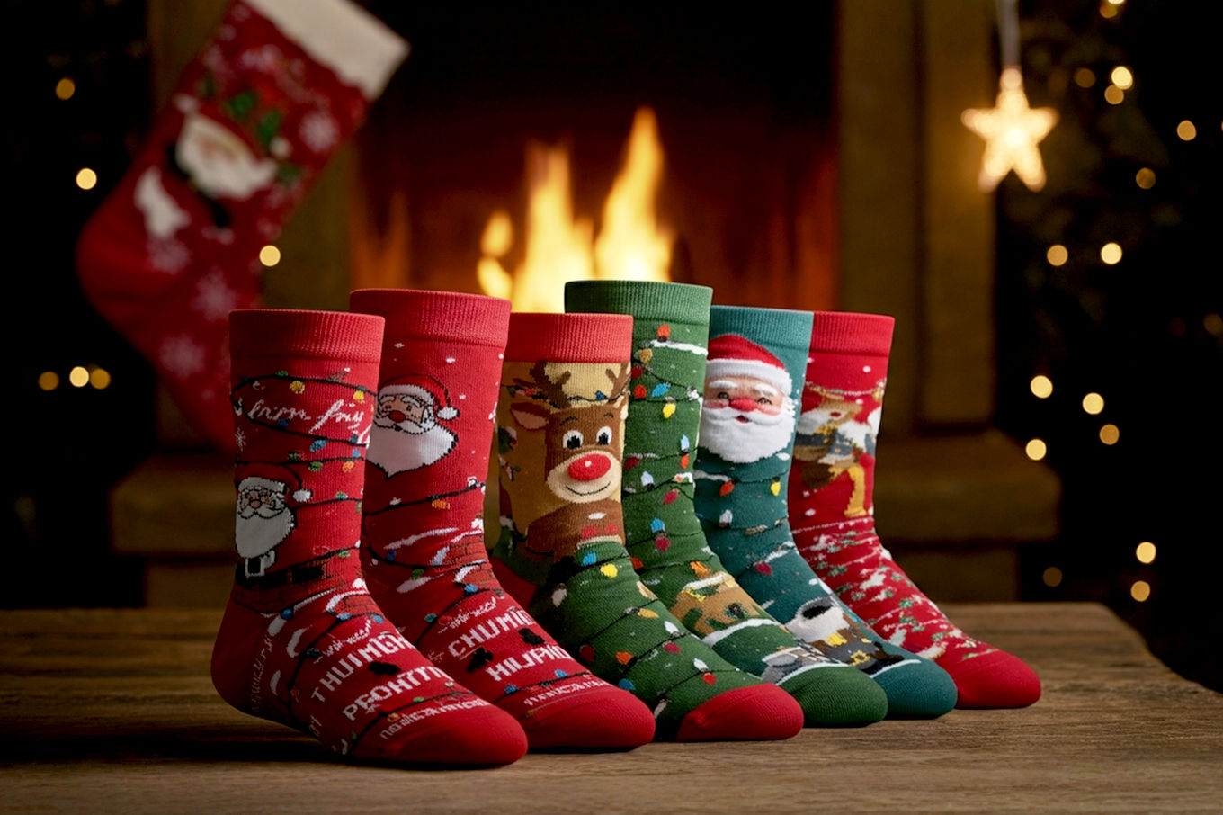 A professional, lifelike, high-resolution photograph capturing the essence of 'Funny Christmas Socks: Add Humor to Your Holiday Outfit'. The image should feature a diverse collection of humorous Christmas socks, clearly displaying various funny designs (e.g., Santa stuck in a chimney, reindeer tangled in lights, pun-filled phrases). The socks should be artfully arranged, perhaps spilling out of a festive gift box or draped over a cozy armchair next to a fireplace. The composition should be well-lit with warm, inviting holiday lighting (e.g., soft fairy lights, glowing fireplace embers) creating a cozy, joyful, and slightly whimsical mood. Focus on rich textures of the socks and a shallow depth of field to highlight the humorous details. The background should be subtly blurred, hinting at a festive home environment. The overall aesthetic should be professional, bright, and evoke a sense of holiday cheer and lightheartedness.