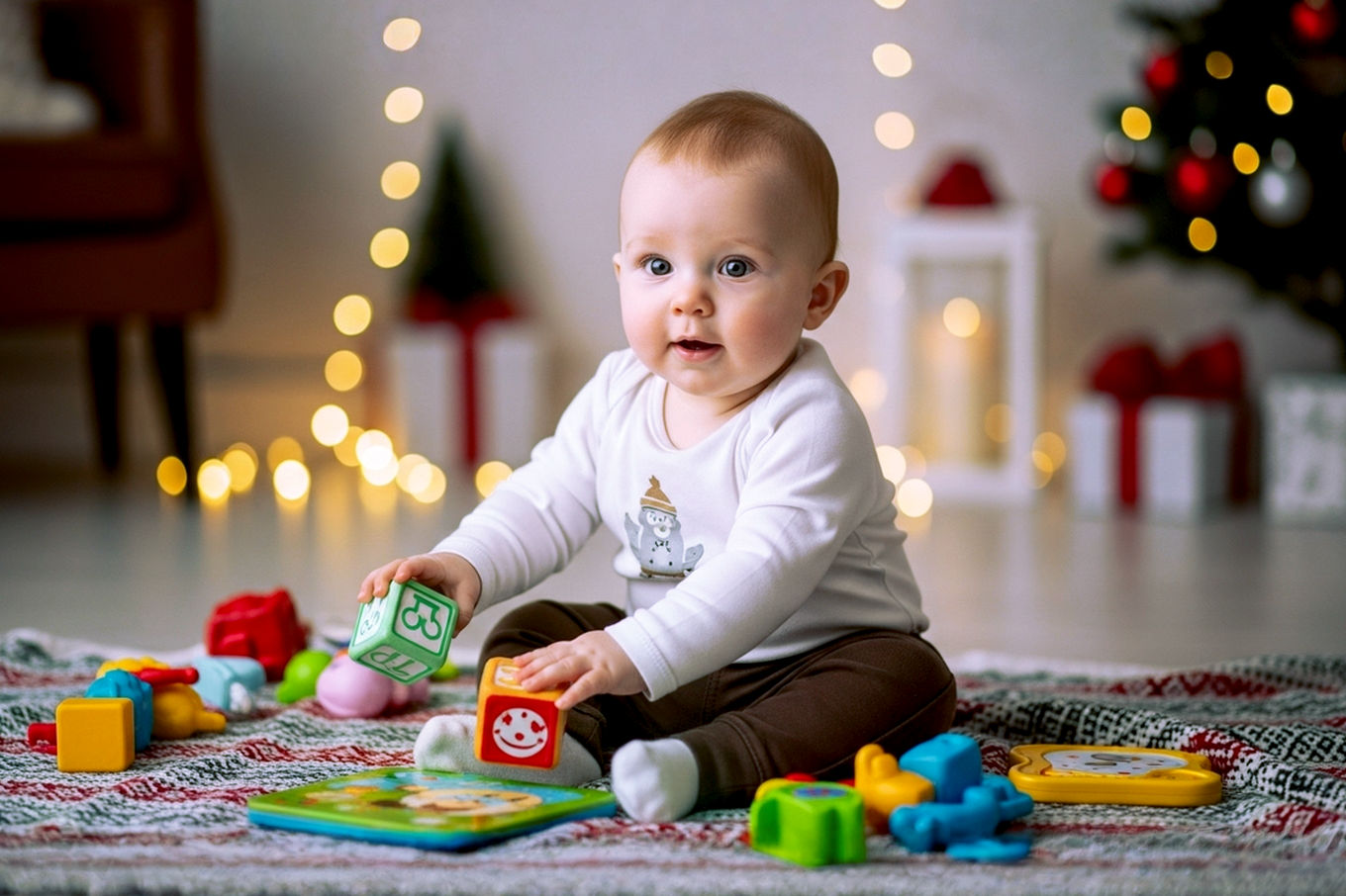 Professional, lifelike photograph of a cheerful 1-year-old baby sitting on a soft, festive blanket amidst a scattering of age-appropriate, colorful, and safe toys. The baby is reaching for a soft block or a board book with a curious expression. The background is softly blurred with warm, inviting Christmas lights and subtle holiday decor, suggesting a cozy home environment. The lighting is soft and natural, highlighting the baby's joyful face. The mood is warm, innocent, and celebratory, capturing the magic of a baby's first Christmas. The core theme is 'Christmas gifts for 10-month-olds'.