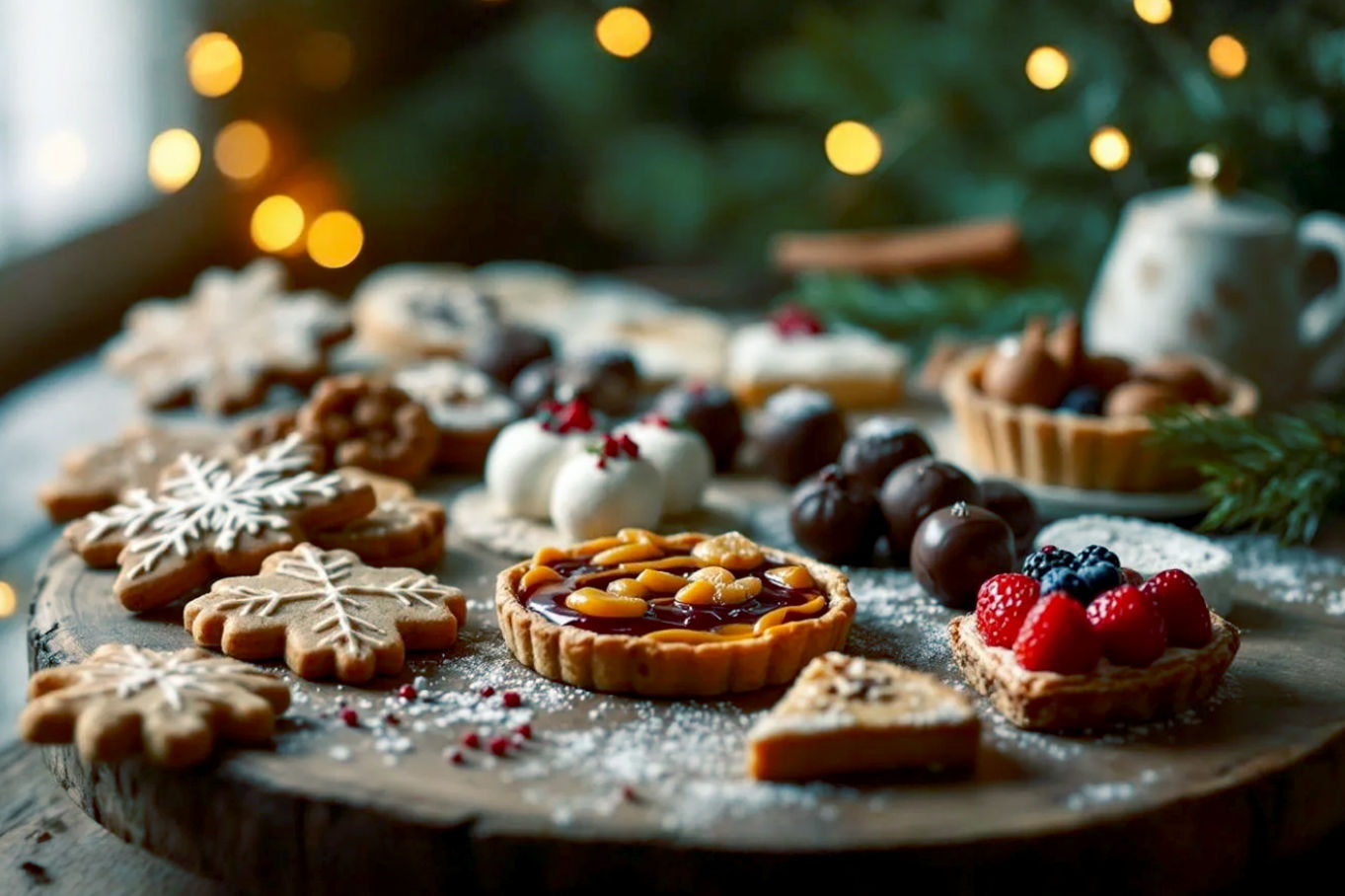 A professional, lifelike photograph of a beautifully arranged festive spread of diverse gluten-free Christmas sweets on a rustic wooden table. The sweets should include intricately decorated gingerbread cookies, elegant shortbread, rich chocolate truffles, and a slice of a fruit-filled tart. The composition should be a close-up, slightly overhead shot, with a shallow depth of field, focusing on the textures and details of the treats. Warm, inviting holiday lighting, possibly from string lights or a fireplace glow, should cast soft shadows, creating a cozy and celebratory mood. A subtle hint of Christmas decorations like pine sprigs or cinnamon sticks should be in the background, out of focus. The overall aesthetic should be one of abundance, comfort, and delicious indulgence, emphasizing the 'guilt-free' aspect with vibrant, appealing colors.