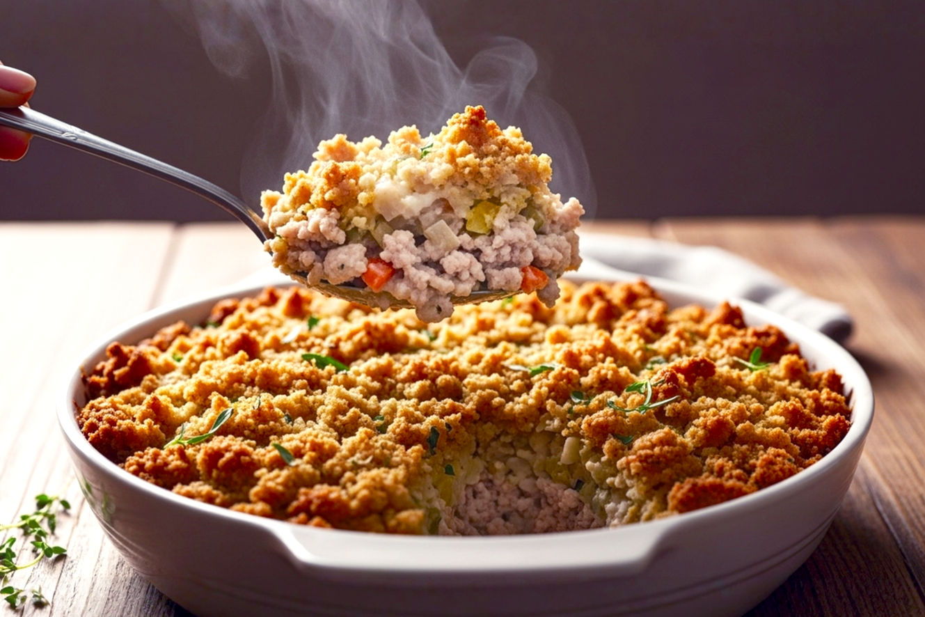 Professional food photography of a perfectly baked ground turkey and stuffing casserole. The composition is a close-up, slightly elevated shot, with a serving spoon lifting a generous portion, revealing the creamy ground turkey and vegetable layers beneath a golden-brown, crispy stuffing topping. Subtle steam should be visibly rising from the warm casserole. The lighting is soft, natural, and warm, mimicking golden hour, highlighting the textures of the stuffing and the richness of the filling. The casserole dish is centered on a rustic wooden table, with a shallow depth of field to keep the focus sharply on the dish. The mood is comforting, appetizing, and inviting, emphasizing a home-cooked, cozy feel. Include a few fresh herb sprigs (e.g., thyme, parsley) scattered artfully on the casserole or beside the dish.