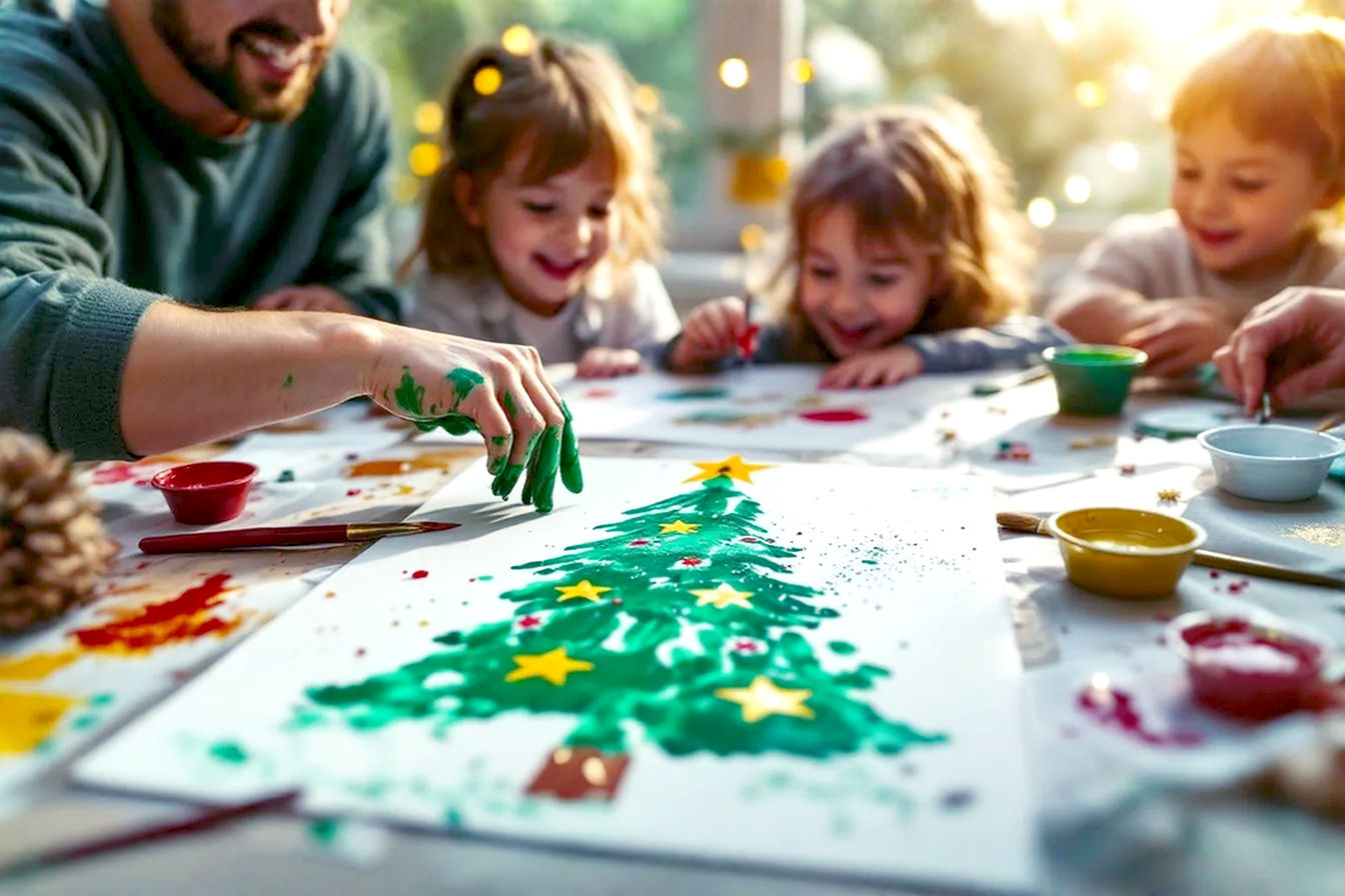 Pro photography style, lifelike, high-resolution image. A family (parents and children ages 4-8) are joyfully creating a Christmas craft. Focus on a child pressing their hand, covered in green paint, onto a white canvas. On the canvas, multiple green handprints are clearly visible, meticulously arranged in a triangular shape, distinctly forming a Christmas tree. Another child is looking on with excitement. Parents are gently assisting and smiling. The scene is set around a craft table covered with protective newspaper, with various craft supplies like open paint pots (green, red, gold), paintbrushes, glitter, and small festive embellishments. Soft, warm, inviting holiday lighting, possibly from a nearby window or subtle string lights in the background. The overall mood is heartwarming, joyful, and emphasizes family bonding and creative activity. Shallow depth of field, sharp focus on the hands and faces of the participants.