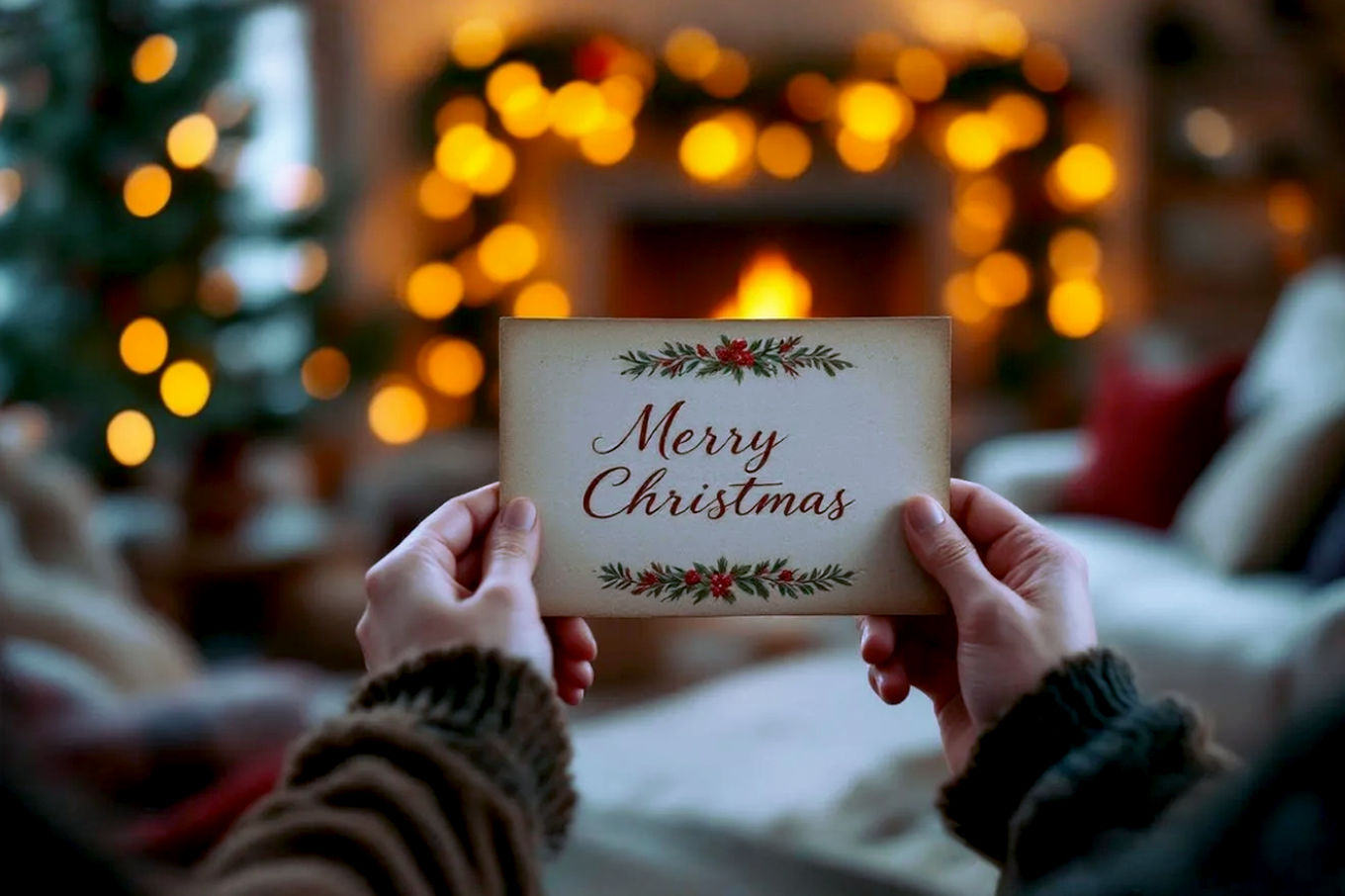 A warm, inviting, lifelike professional photograph of hands holding a beautifully decorated, rustic Christmas card. The card is open, revealing elegant, handwritten script. In the background, out of focus, are soft, twinkling Christmas lights and a cozy, blurred living room setting with a fireplace. The lighting is warm and golden, creating a sense of intimacy and peace. The mood is nostalgic, loving, and serene. Shot with a shallow depth of field, emphasizing the card and hands. Pro photography style, high resolution.