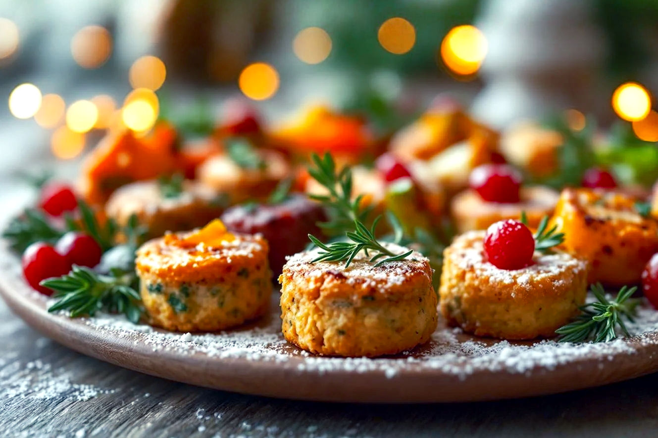 Professional photography, lifelike, high-resolution, close-up shot of a beautifully arranged festive platter of diverse heavy hors d'oeuvres for a Christmas party. The platter should feature a mix of savory bites like mini beef Wellingtons, golden crab cakes, and colorful roasted vegetable skewers, artfully garnished with fresh rosemary, cranberries, and a dusting of powdered sugar on some elements. The background is softly blurred with warm, inviting Christmas lights and subtle holiday decor, suggesting a cozy, elegant party atmosphere. Soft, warm, inviting light with subtle shadows. The overall mood is luxurious, abundant, and celebratory. Focus on the food's texture and appeal, making it look incredibly delicious and ready to be enjoyed.