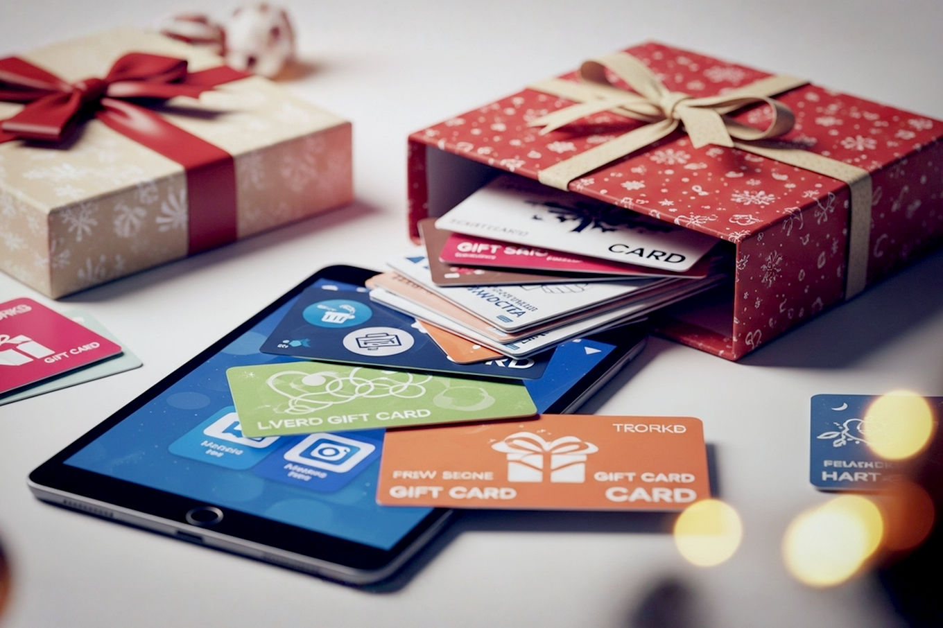 A vibrant, high-angle, professional studio photograph of a beautifully wrapped holiday gift box, slightly open, revealing a stack of diverse, colorful gift cards (some physical, some digital concepts on a tablet screen) spilling out. The scene should convey warmth, generosity, and modern convenience. Focus on crisp details, soft, inviting lighting, and a shallow depth of field to highlight the gift cards. The background should be subtly festive, perhaps with blurred bokeh lights or a hint of holiday decor, but not distracting. The mood is joyful, sophisticated, and practical, emphasizing the core theme of flexible, smart gifting.