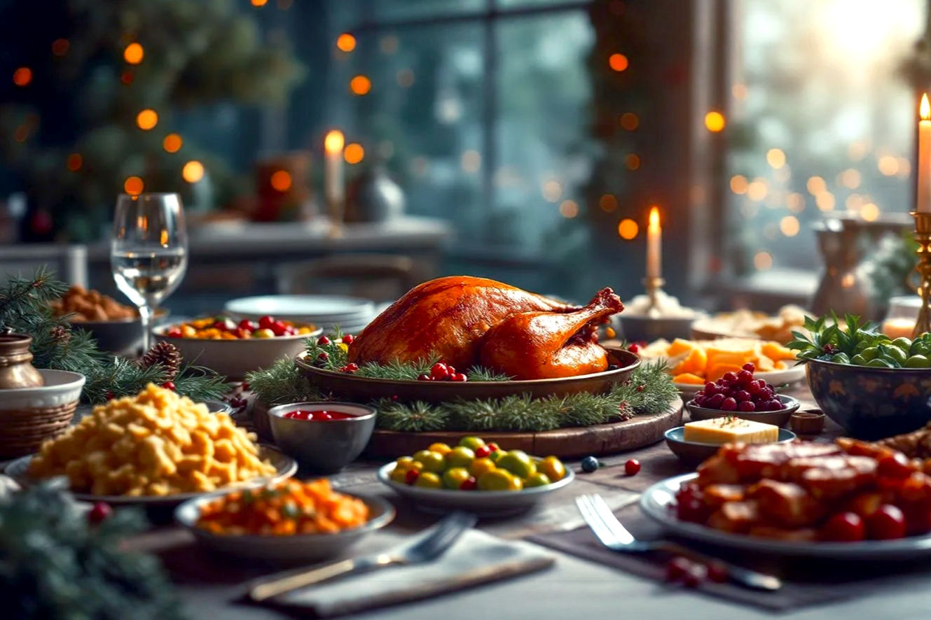 A beautifully styled, lifelike professional photograph of a diverse holiday dinner table spread. The composition should feature a golden-brown roasted turkey or a succulent glazed ham as the central focal point, surrounded by an array of colorful, appealing side dishes like creamy mashed potatoes, vibrant roasted Brussels sprouts, and a festive cranberry sauce. Include elegant place settings with festive napkins and subtle holiday decorations (e.g., pinecones, cranberries, or a hint of twinkle lights in the background, softly blurred). The lighting should be warm, inviting, and natural, suggesting a cozy evening gathering. The mood is joyful, abundant, and celebratory. Shot with a shallow depth of field to emphasize the food, in a professional photography style.