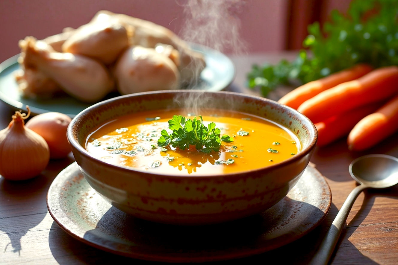 Highly detailed, lifelike professional food photography of a steaming bowl of golden-hued homemade turkey carcass soup, garnished with fresh green herbs (parsley, chives). The soup is in a rustic ceramic bowl, placed on a dark, textured wooden table. In the background, slightly out of focus, show a subtle hint of a turkey carcass or turkey bones, and perhaps some fresh aromatics like whole carrots, celery stalks, and onions, suggesting the ingredients. Warm, inviting natural light from a window illuminates the scene, creating soft shadows and highlights on the soup's surface. The mood is comforting, wholesome, and inviting, emphasizing the rich, savory flavor of the soup. Shot with a shallow depth of field to keep the soup bowl sharply in focus.