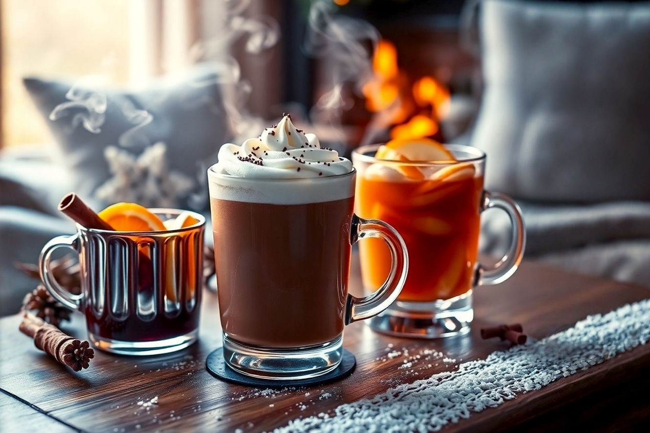 Professional, lifelike, high-resolution photograph capturing a cozy winter scene. Focus on a rustic wooden table featuring three steaming, beautifully garnished hot Christmas drinks: a mug of mulled wine with orange slices and cinnamon sticks, a glass of rich hot chocolate topped with whipped cream and chocolate shavings with no steam rising above it, and a clear mug of spiced apple cider with apple slices. Emphasize visible steam rising from each drink except the hot chocolate topped with whipped cream and chocolate shavings. The background should be softly blurred, hinting at a warm, inviting living room with subtle holiday decorations or a fireplace. Lighting is warm, golden, and inviting, creating gentle highlights on the mugs and liquid. The mood is comforting, festive, and luxurious. Shallow depth of field.