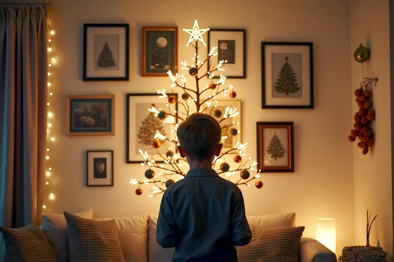 A professionally lit, lifelike photograph of a beautifully decorated living room wall during Christmas. The wall features a diverse and elegant display of non-garland Christmas decor. Focus on a central arrangement that includes a mix of framed festive art prints, some with subtle LED backlighting, a chic wall-mounted alternative Christmas tree made of minimalist wooden branches adorned with delicate fairy lights and a few metallic ornaments, and a small, artfully arranged collection of dried orange slices and cinnamon sticks hanging from a slim, horizontal branch. The overall mood is warm, inviting, and sophisticated. Soft, glowing ambient light from the wall decorations illuminates the scene. The composition should be eye-level, capturing the intricate details and textures of the decor. The background should be slightly blurred, showing hints of a cozy, festive living room, but the wall decor is the clear subject. The style is high-end interior photography, emphasizing texture, depth, and a realistic, luxurious feel.