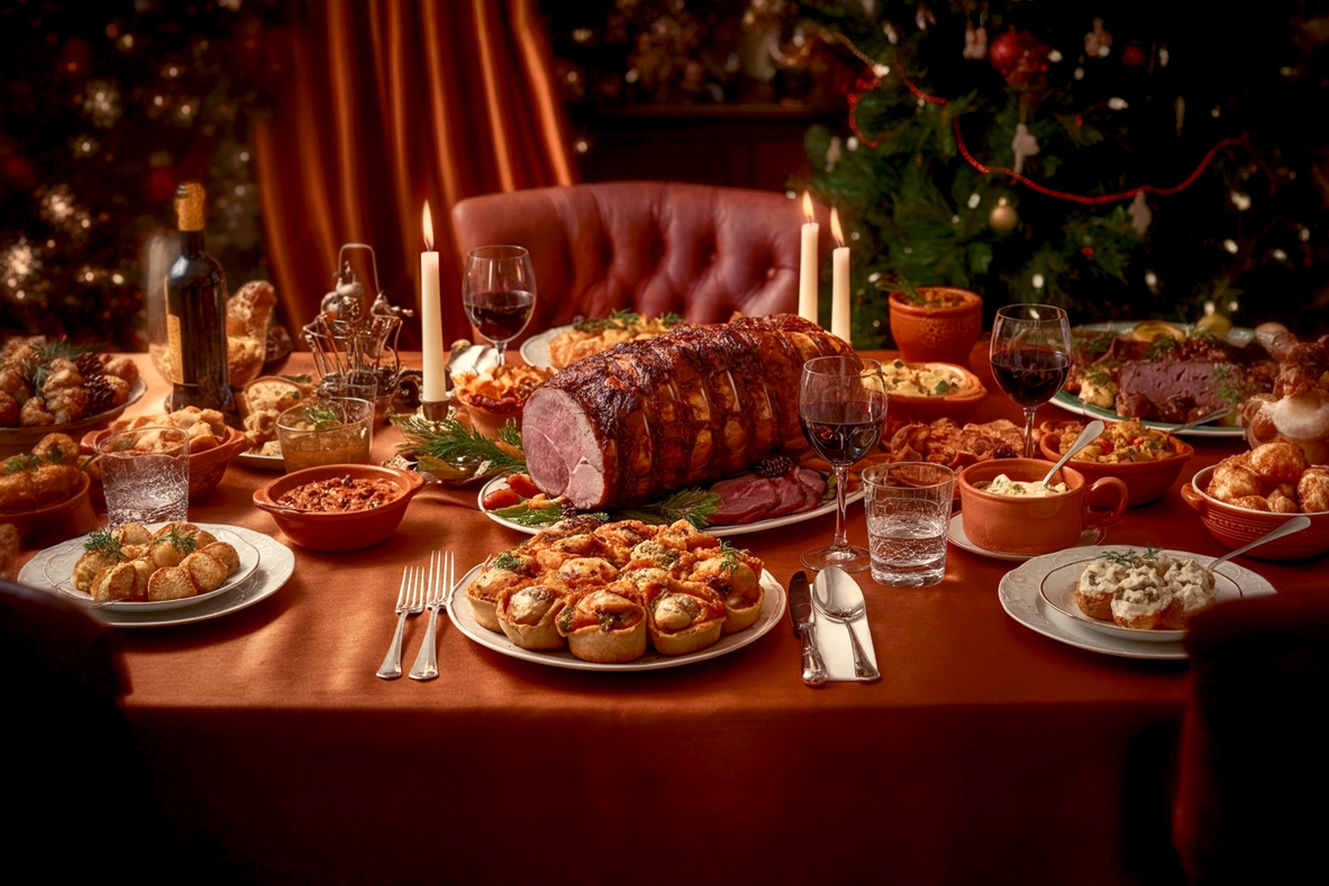 A warm, inviting, and richly decorated dining table set for a traditional Italian Christmas dinner. The table is laden with an abundant spread of authentic Italian dishes, including a prominent roasted meat centerpiece, various pasta dishes, antipasti, and traditional Italian Christmas desserts like panettone and pandoro. The setting should feature festive, warm lighting, perhaps from candles and soft overhead lights, creating a cozy and celebratory mood. There are elegant place settings with fine dinnerware and sparkling wine glasses. The background is softly blurred, hinting at a family gathering or a beautifully decorated home interior. The image should be a lifelike, professional photograph with rich colors and a shallow depth of field, emphasizing the delicious food and the festive atmosphere.