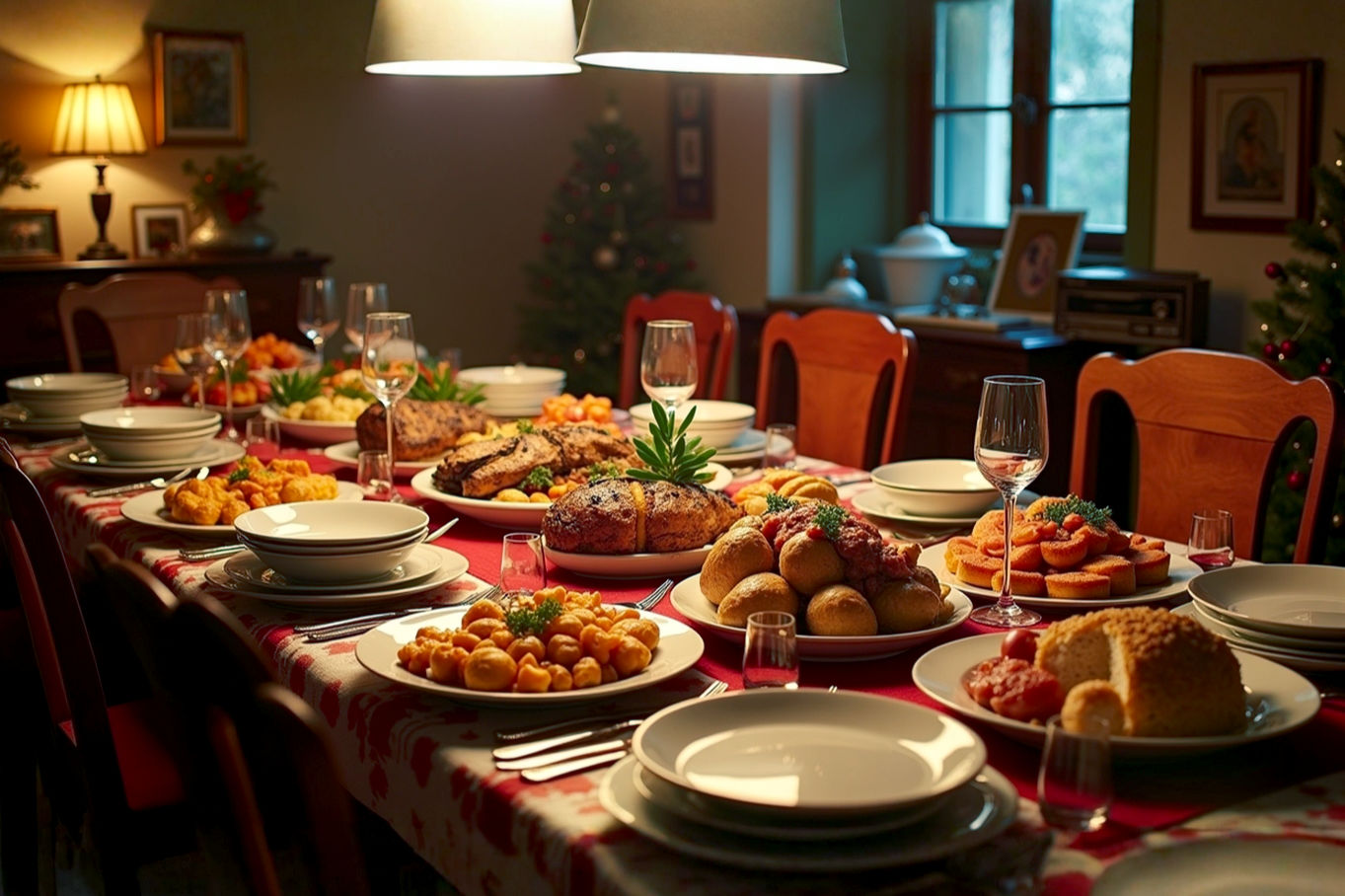 A warm, inviting, and richly detailed professional photograph of a traditional Italian Christmas dinner table. The scene should be set indoors, possibly in a rustic yet elegant Italian home, with soft, ambient lighting creating a festive and cozy mood. The table should be laden with a variety of authentic dishes, showcasing both seafood (like a whole baked fish or a pasta dish with clams) and roasted meats (like a succulent lamb roast or a platter of tortellini in broth). Include elements like a large Panettone or Pandoro, a bowl of Struffoli, and a platter of Torrone. There should be elegant, simple place settings, wine glasses, and perhaps a bottle of Italian wine. The focus should be on the food and the abundance, with a shallow depth of field to highlight the main dishes. The overall aesthetic should be lifelike, vibrant, and evoke a sense of family gathering and culinary delight. Avoid any people in the shot; the focus is solely on the prepared food and table setting.