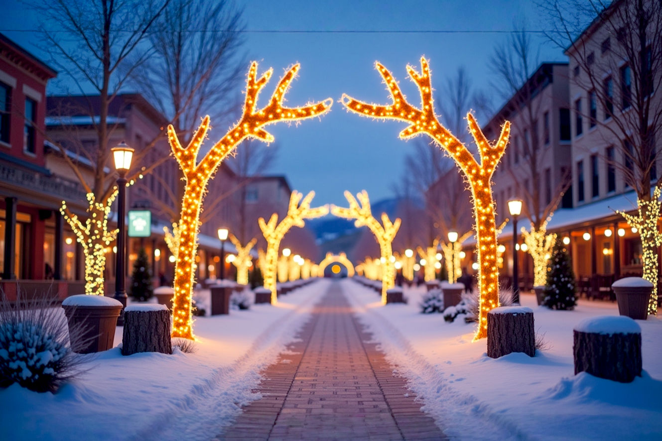 A lifelike, professional photograph of Jackson, Wyoming's Town Square at dusk during the holiday season. The iconic elk antler arches are brightly illuminated with warm, golden lights, creating a magical glow. Snow lightly dusts the ground and the tops of the arches. In the background, softly lit historic buildings with festive decorations are visible. The composition should be eye-level, capturing the grandeur of the arches and the inviting atmosphere of the square. The lighting is soft and ambient, emphasizing the festive glow against the twilight sky. The mood is enchanting, warm, and inviting, conveying the true magic of a winter wonderland. Include a subtle hint of falling snow to enhance the festive feel.
