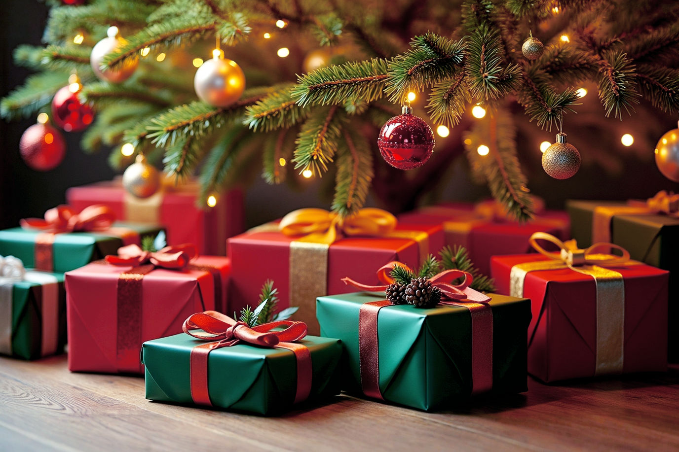 Professional, lifelike photograph of a beautifully decorated Christmas tree, bathed in warm, soft golden light. The tree is adorned with classic, elegant ornaments and twinkling fairy lights. Around the base of the tree, there's a generous, artfully arranged pile of wrapped presents.
