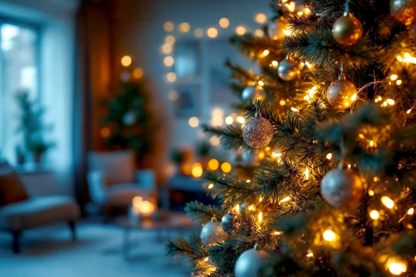 A lifelike, professional photography style image capturing a beautifully decorated Christmas tree, glowing brightly with warm white and subtle multi-color LED fairy lights. The tree is the central focus, adorned with elegant, classic ornaments. The lighting is soft and inviting, creating a cozy, magical ambiance in a slightly blurred, tastefully decorated living room background. Focus on the intricate sparkle and depth created by the LED lights, with a shallow depth of field to highlight the tree's illumination. The mood is festive, warm, and enchanting.