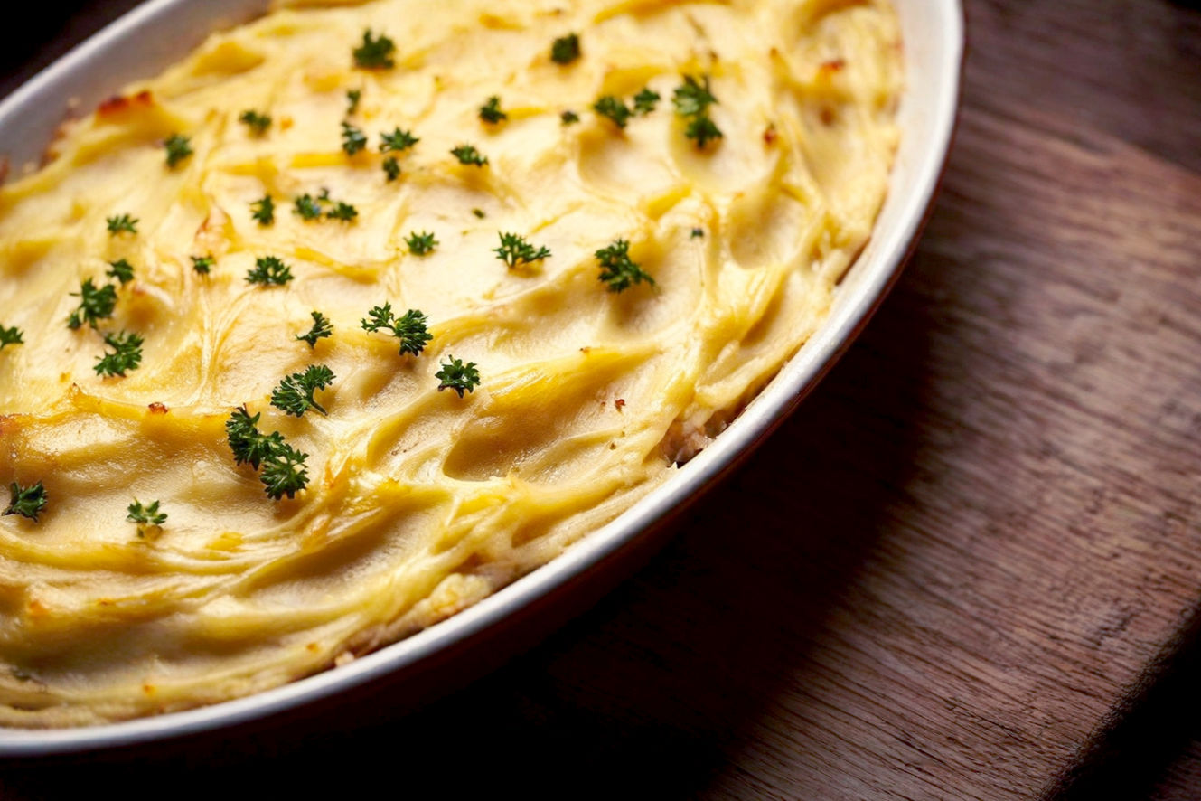A warm, inviting close-up, high-angle shot of a golden-brown Leftover Thanksgiving Shepherd's Pie, freshly baked in a rustic ceramic baking dish. The mashed potato topping is perfectly browned with visible peaks and valleys, hinting at its creamy texture. Steam gently rises from the pie, illuminated by soft, warm, natural light from the side. The background is softly blurred, showing hints of a cozy, autumnal kitchen setting, perhaps a wooden table with a few scattered fall leaves or a warm plaid napkin. The focus is sharp on the pie, emphasizing its comforting and delicious appeal. Professional food photography style, lifelike, rich colors, inviting atmosphere.