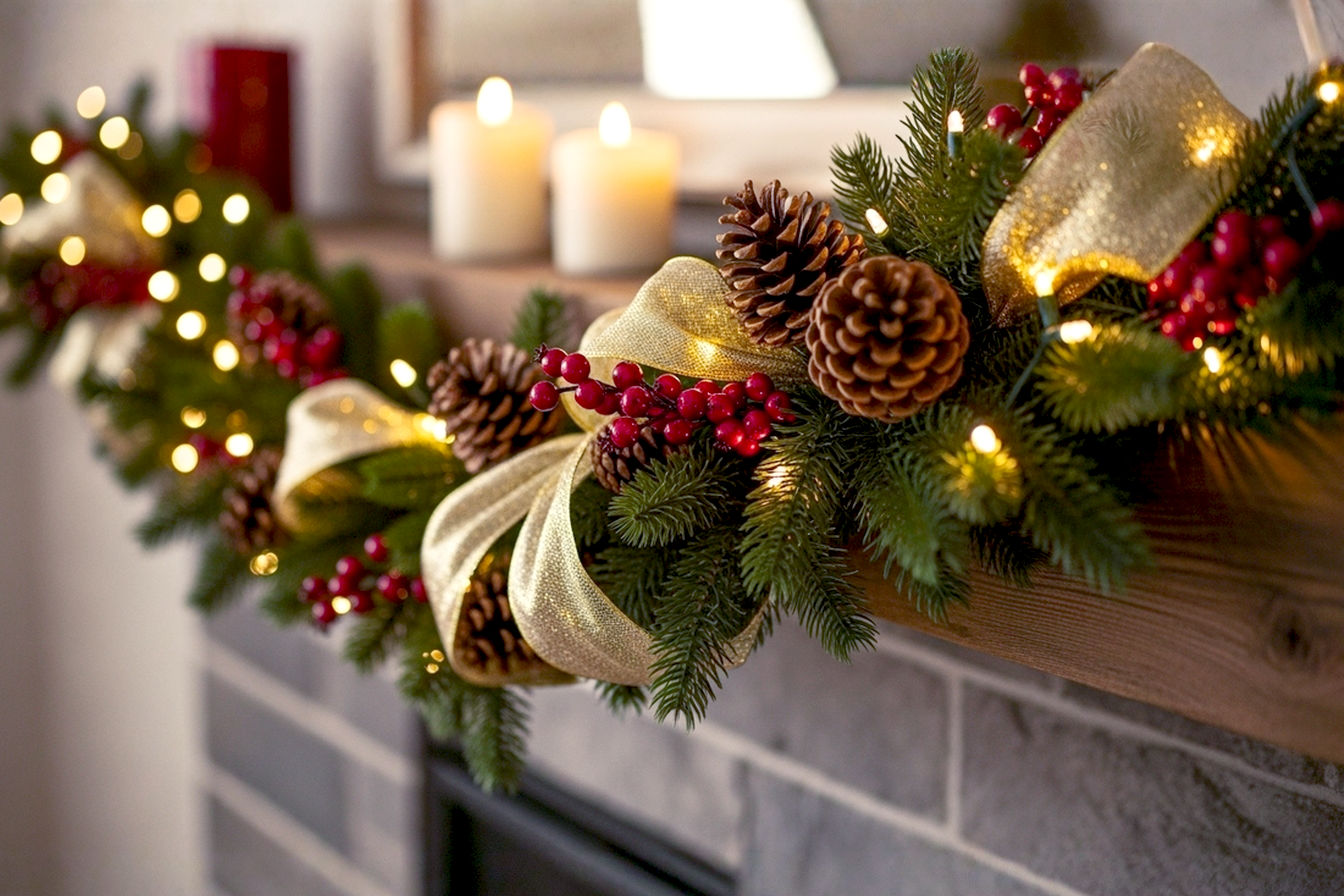Professional, lifelike photography of a beautifully crafted DIY Christmas garland, richly decorated with warm white LED lights, natural pinecones, deep red berries, and elegant gold wired ribbon. The garland is artfully draped across a rustic wooden mantelpiece, with a soft, glowing fireplace in the blurred background. The composition is a close-up, slightly elevated eye-level shot, focusing on the intricate details and textures of the garland. Soft, warm, inviting light illuminates the scene, creating a cozy and festive mood. The image should evoke a sense of homemade warmth and holiday cheer, with a shallow depth of field to highlight the garland. High resolution, sharp focus on the garland, natural colors, pro studio lighting.