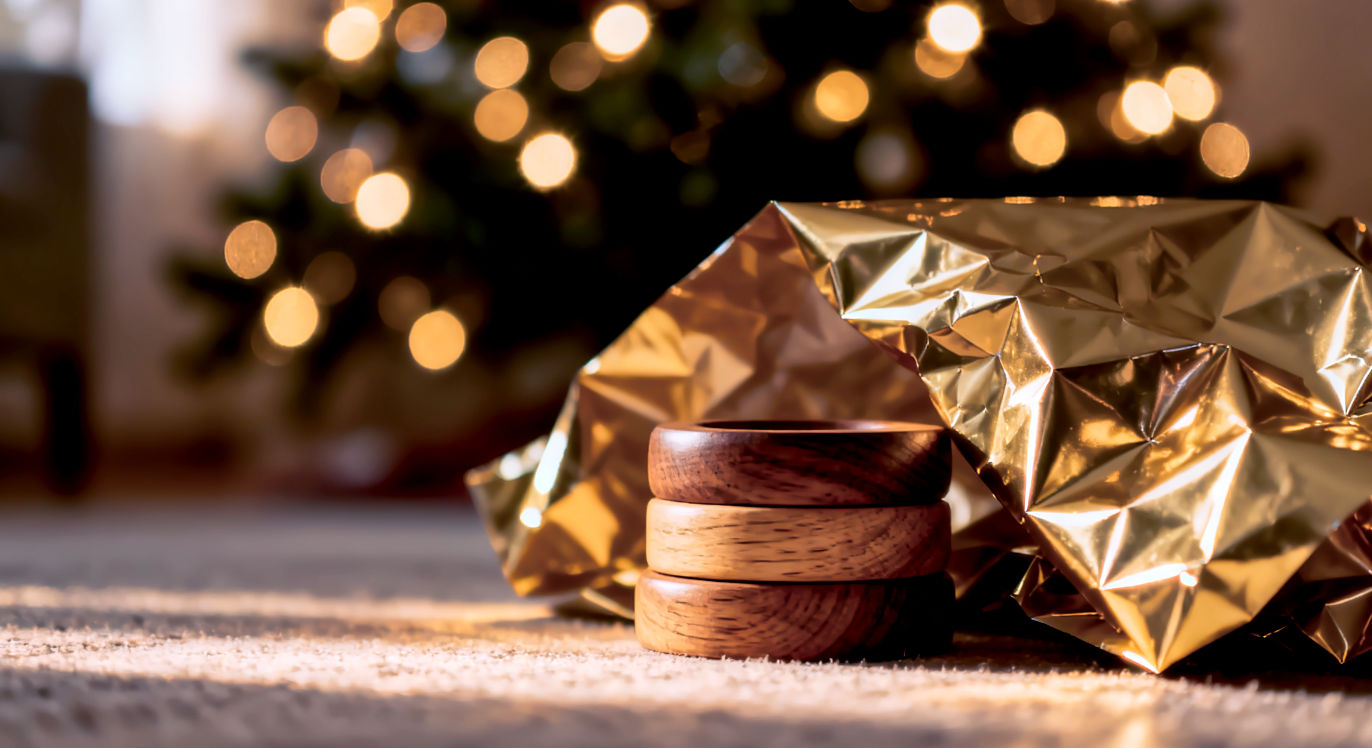 Professional DSLR photo, 16:9, golden-hour side light. Subject: A single, beautifully crafted wooden stacking ring sitting on a floor, partially covered by shiny, crinkled wrapping paper. Foreground: The sharp, tactile texture of the crinkled gold wrapping paper. Background: A cascade of warm, blurred, out-of-focus (bokeh) Christmas tree lights. Mood: Magical Note: NO text, NO abstract graphics. Avoid people
