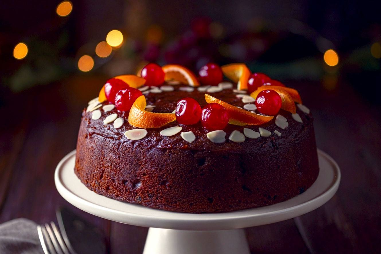Professional, lifelike, high-resolution photograph of a beautifully decorated, traditional fruit cake. The cake is round, rich dark brown, and generously adorned with vibrant glacé cherries, candied citrus peel, and whole blanched almonds on a simple, elegant white or cream ceramic cake stand. The background is softly blurred, showing subtle warm, festive lighting, possibly with a hint of cozy, rustic elements like a wooden surface or a faint, out-of-focus holiday garland. The lighting is soft, warm, and inviting, creating a sense of comfort and tradition. The composition is a close-up, slightly elevated shot, focusing on the cake's texture and decorations, emphasizing its moist, dense appearance. The mood is warm, inviting, and celebratory, evoking a sense of timeless holiday tradition and deliciousness.