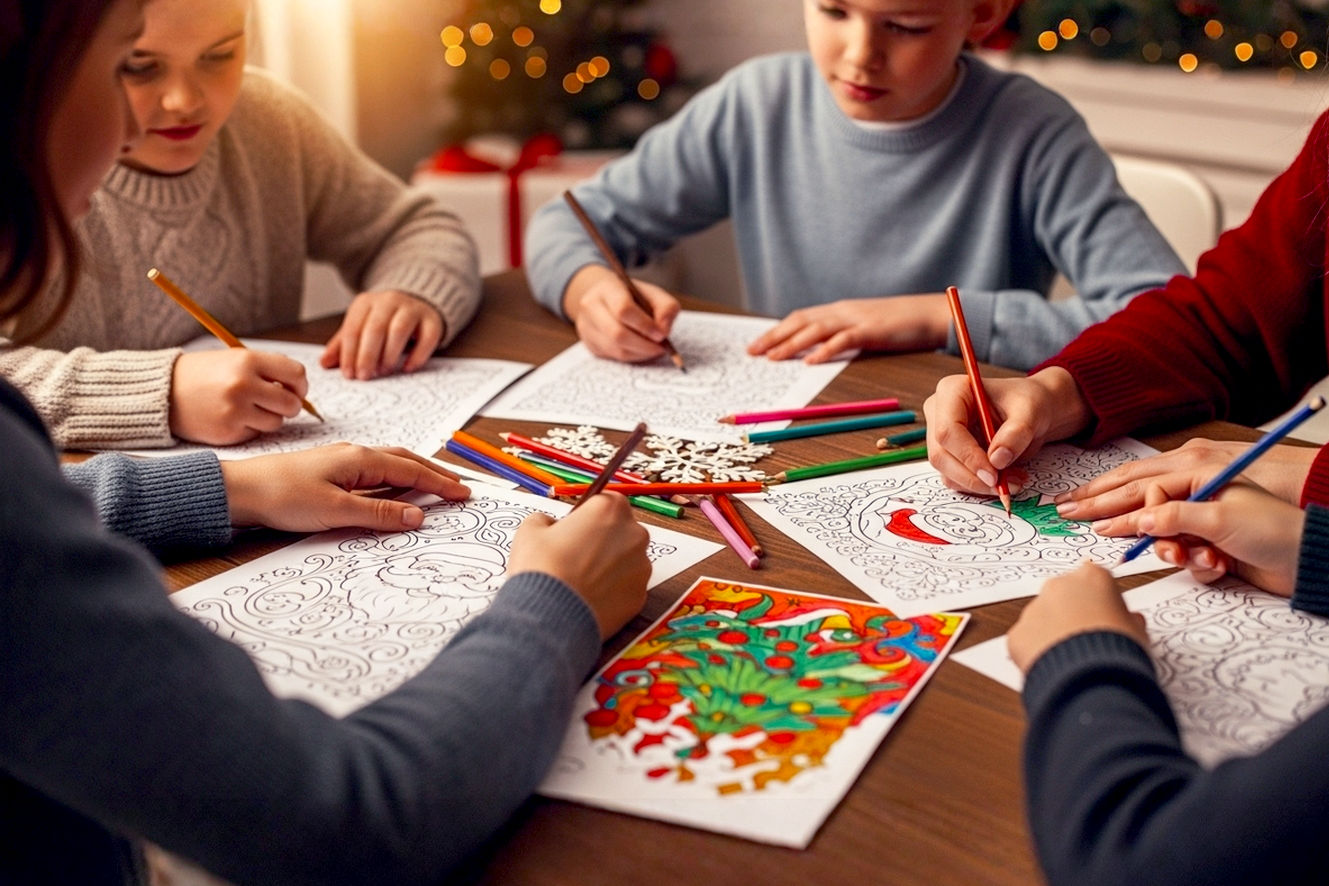 A vibrant, professional studio photograph of children and adults happily coloring intricate Merry Christmas coloring pages around a beautifully decorated wooden table. The scene is bathed in warm, soft, golden hour lighting, creating a cozy and inviting atmosphere. Focus on hands holding colored pencils and markers, with partially colored pages showing festive designs like Santa, reindeer, and Christmas trees. Include some finished, brightly colored pages artfully arranged. The background should be softly blurred, hinting at a festive home environment with subtle Christmas decorations. The mood is joyful, peaceful, and creative.